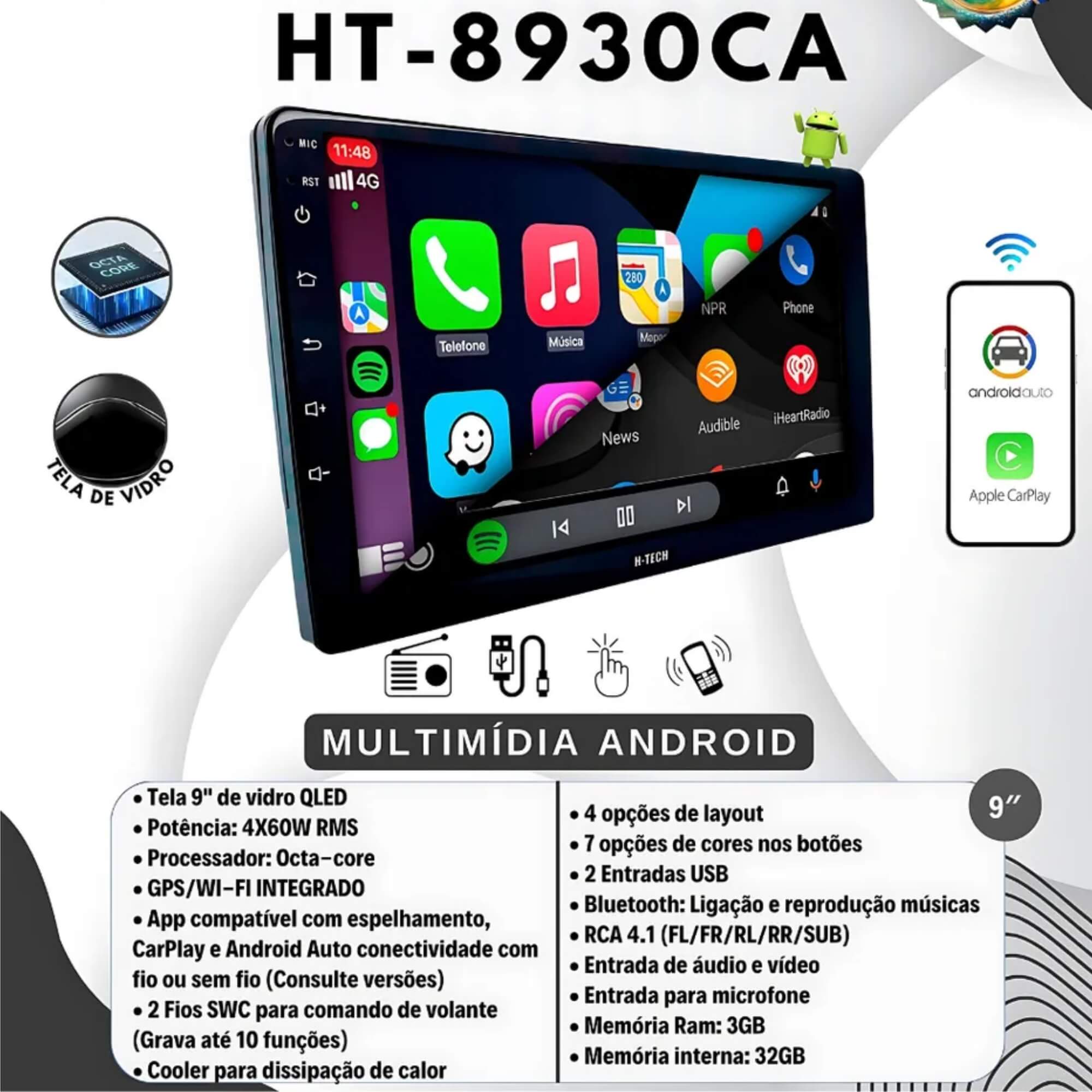 Smart Multimídia Sem Fio Android 13 Slim 9" Octacore 3+32gb Carplay-Wifi Preto H-Tech - HT-8930CA