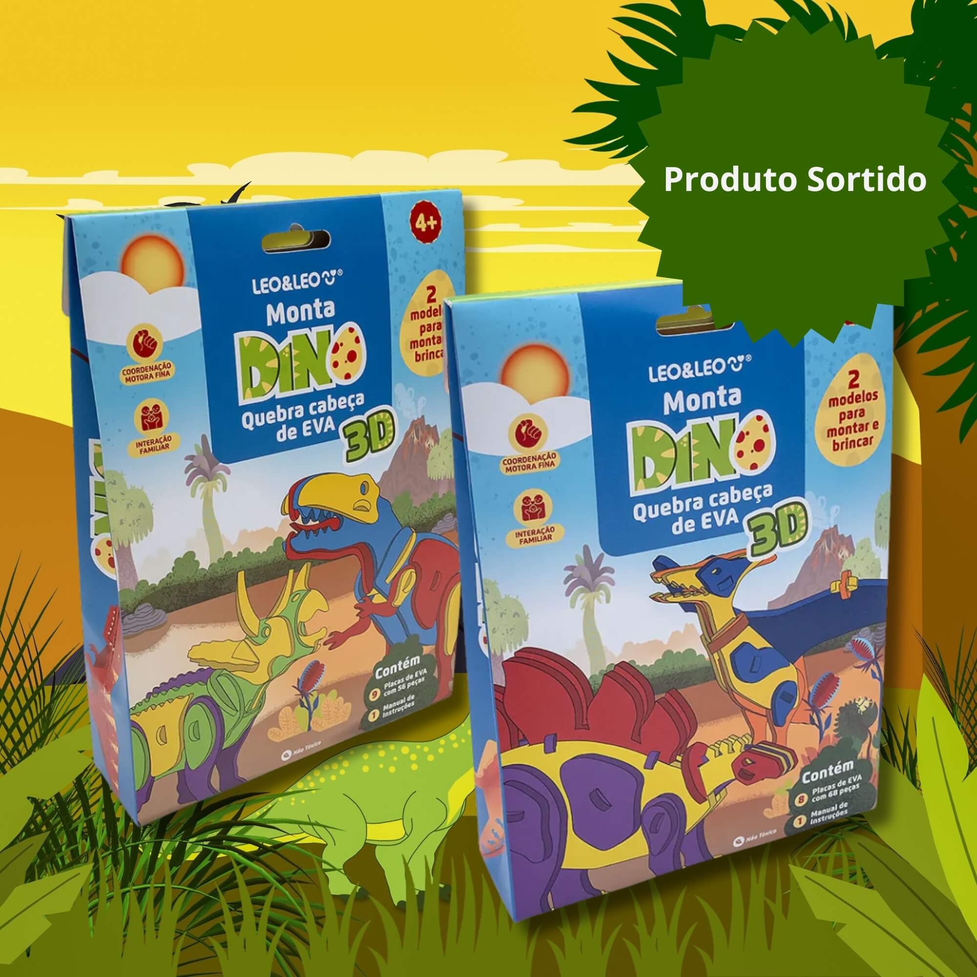Quebra-Cabeça Montadino 3D Dino Oppbag c/ Artes Sortidas 2 Dinossauros de EVA Leonora - 10379
