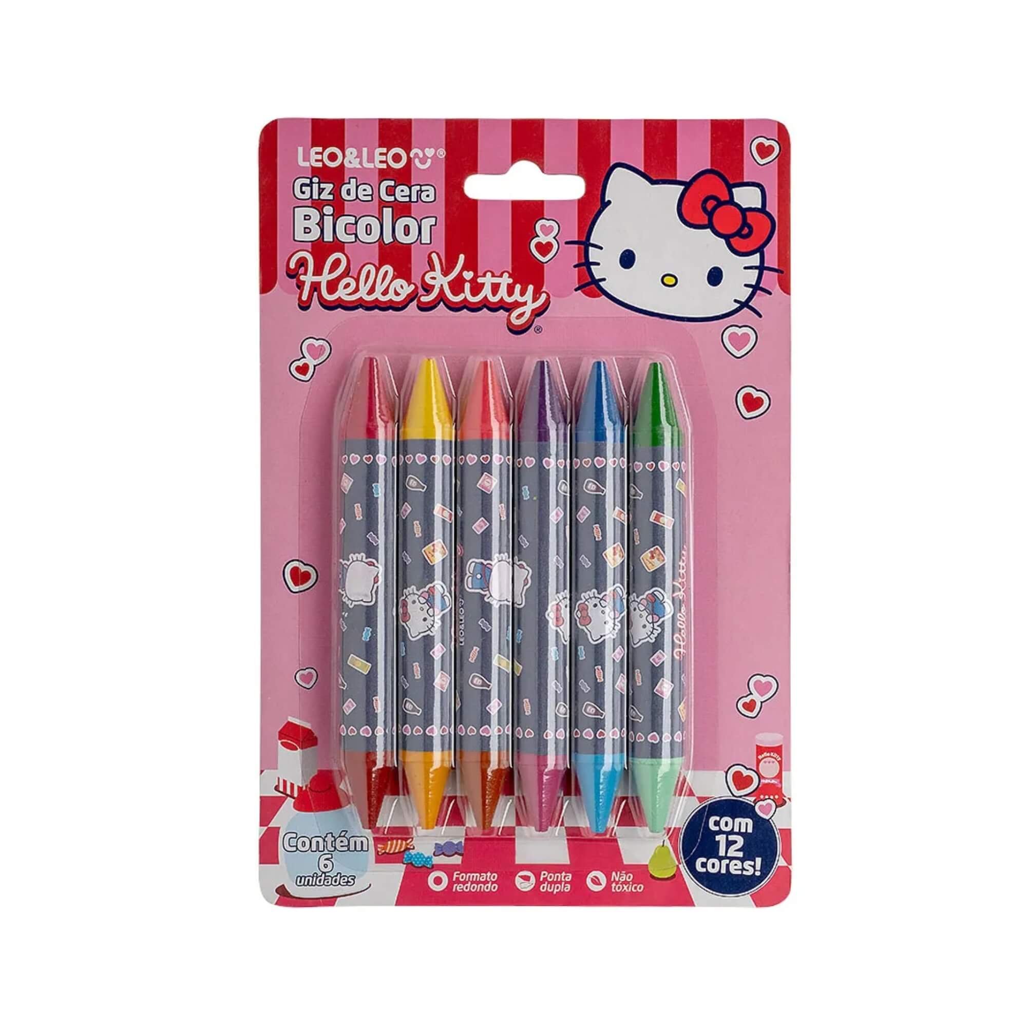 Giz de Cera Big Bicolor Hello Kitty - Blister C/ 6 Unidades e 12 Cores Leo&Leo Leonora - 10590