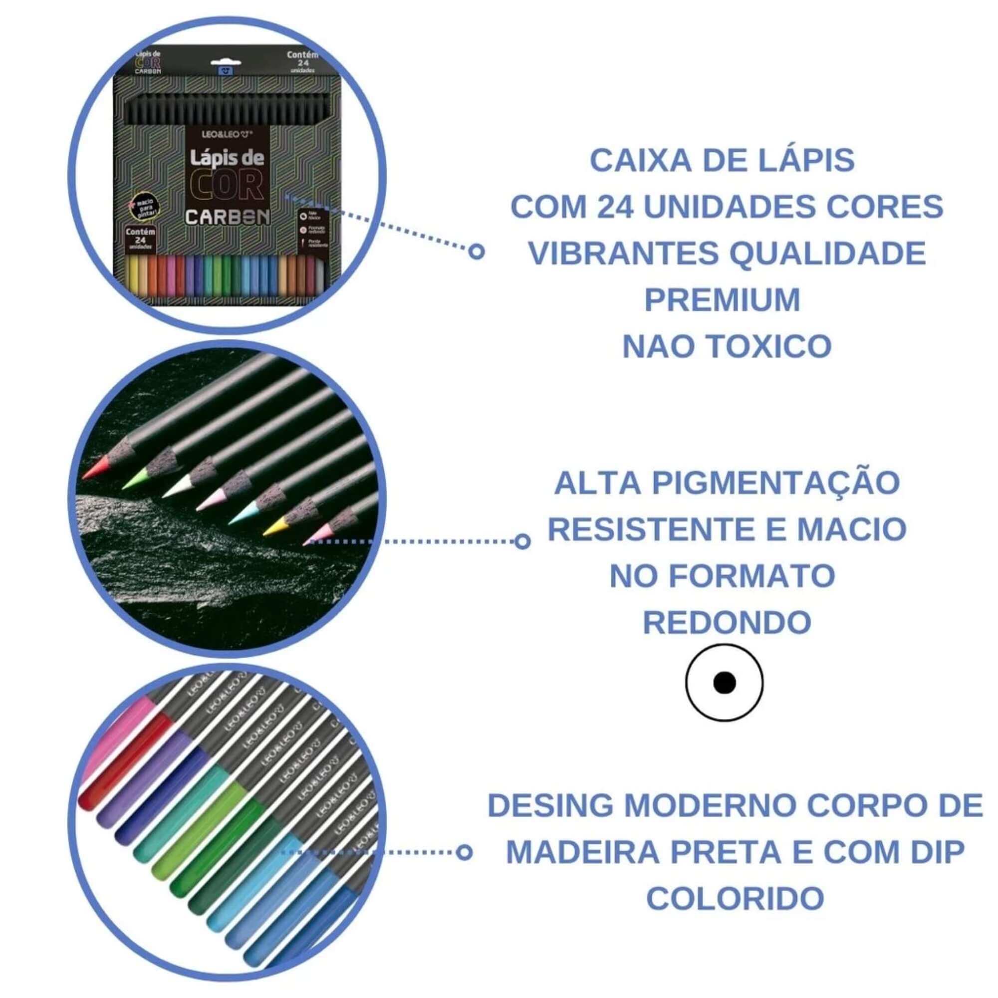 Lápis de Cor Carbon 24 Cores Redondo Leo&Leo Leonora - 4431