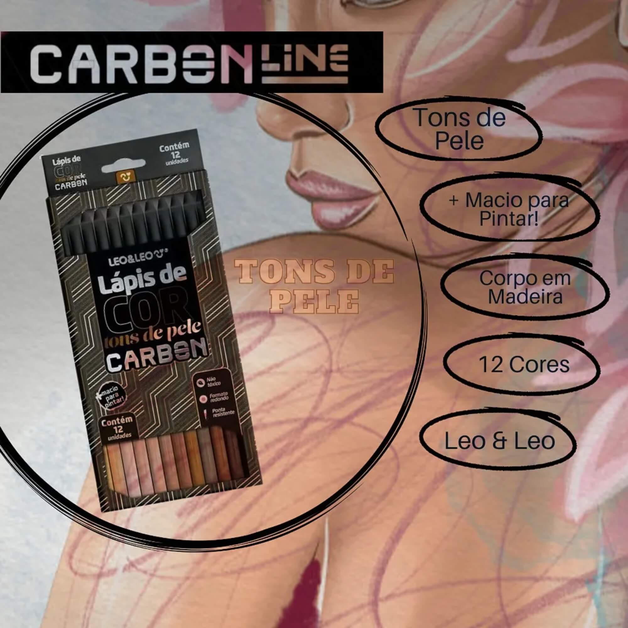 Lápis de Cor Carbon 12 Cores Tons de Pele Redondo Leo&Leo Leonora - 4676