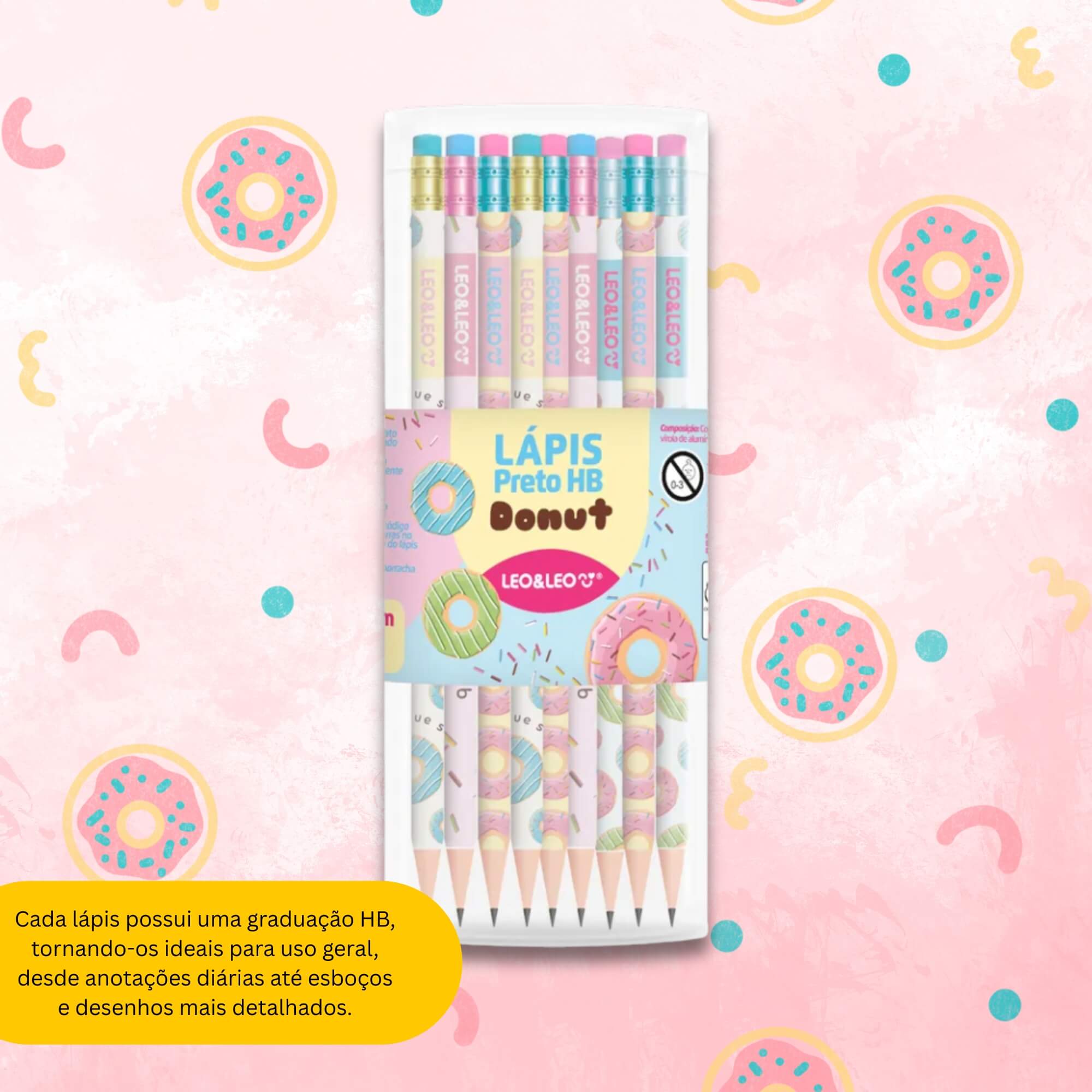 Lápis Grafite HB Donut com Borracha Pote c/72 Unidades Leo&Leo Leonora - 72187