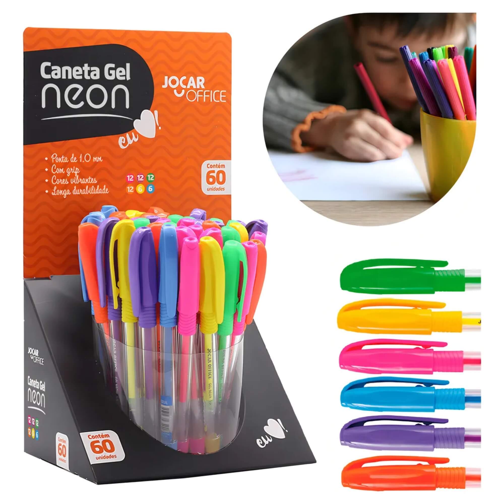 Caneta Esferográfica Gel Neon Ponta Media 1.0Mm 6 Cores Display c/ 60 unidades Leonora - 97345