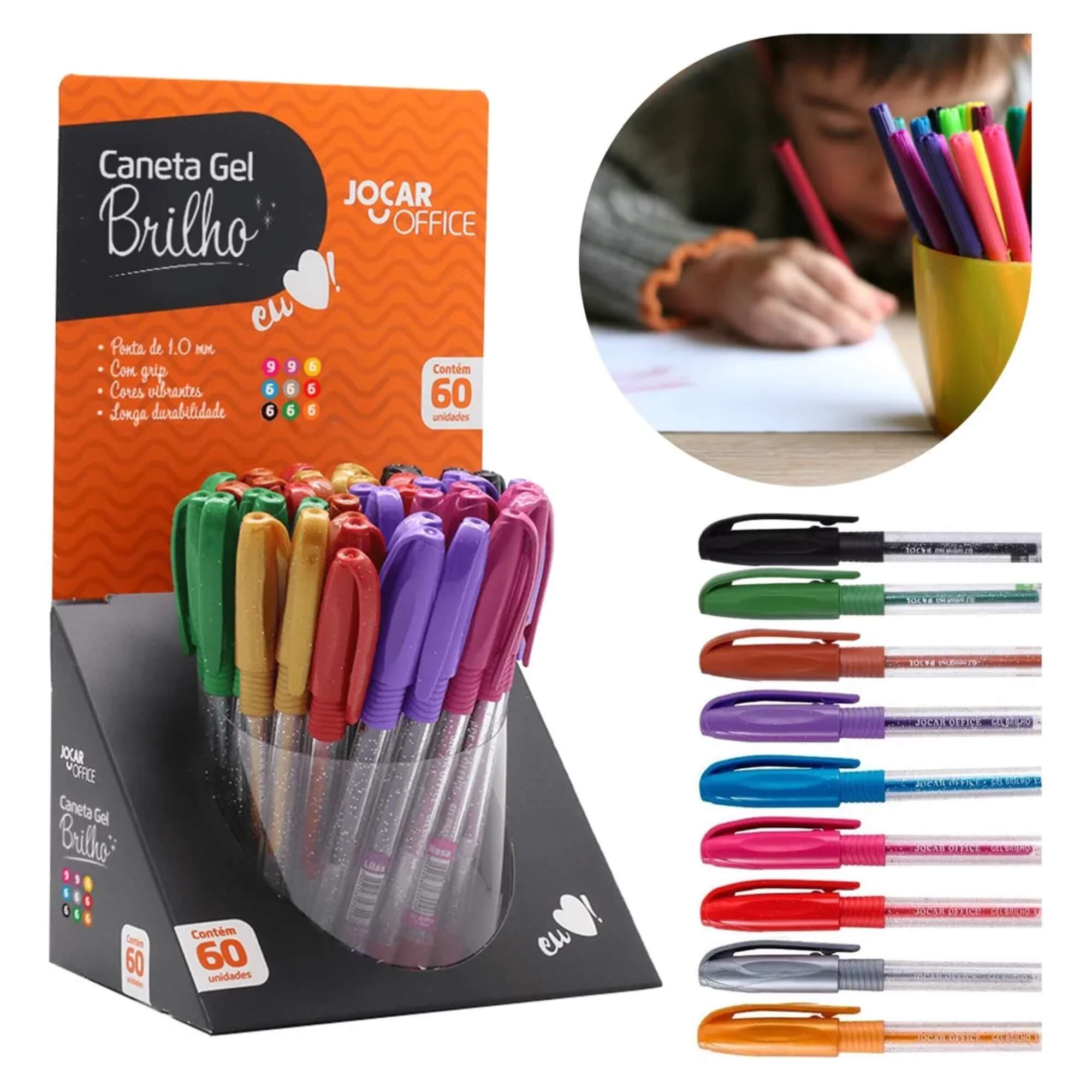 Caneta Esferográfica Gel Brilho Ponta Media 1.0Mm 9 Cores Display c/ 60 unidades Leonora - 97346