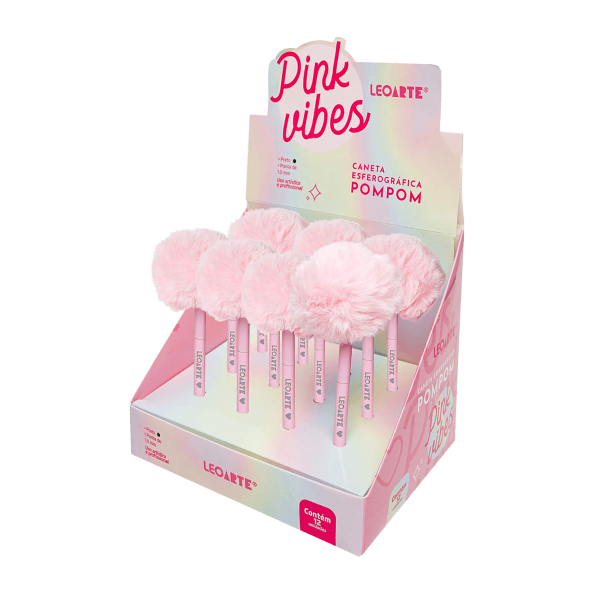 Caneta Esferográfica Pompom Pink Vibes - Tinta Preta Display C/ 12 unidades Leoarte Leonora - 97913