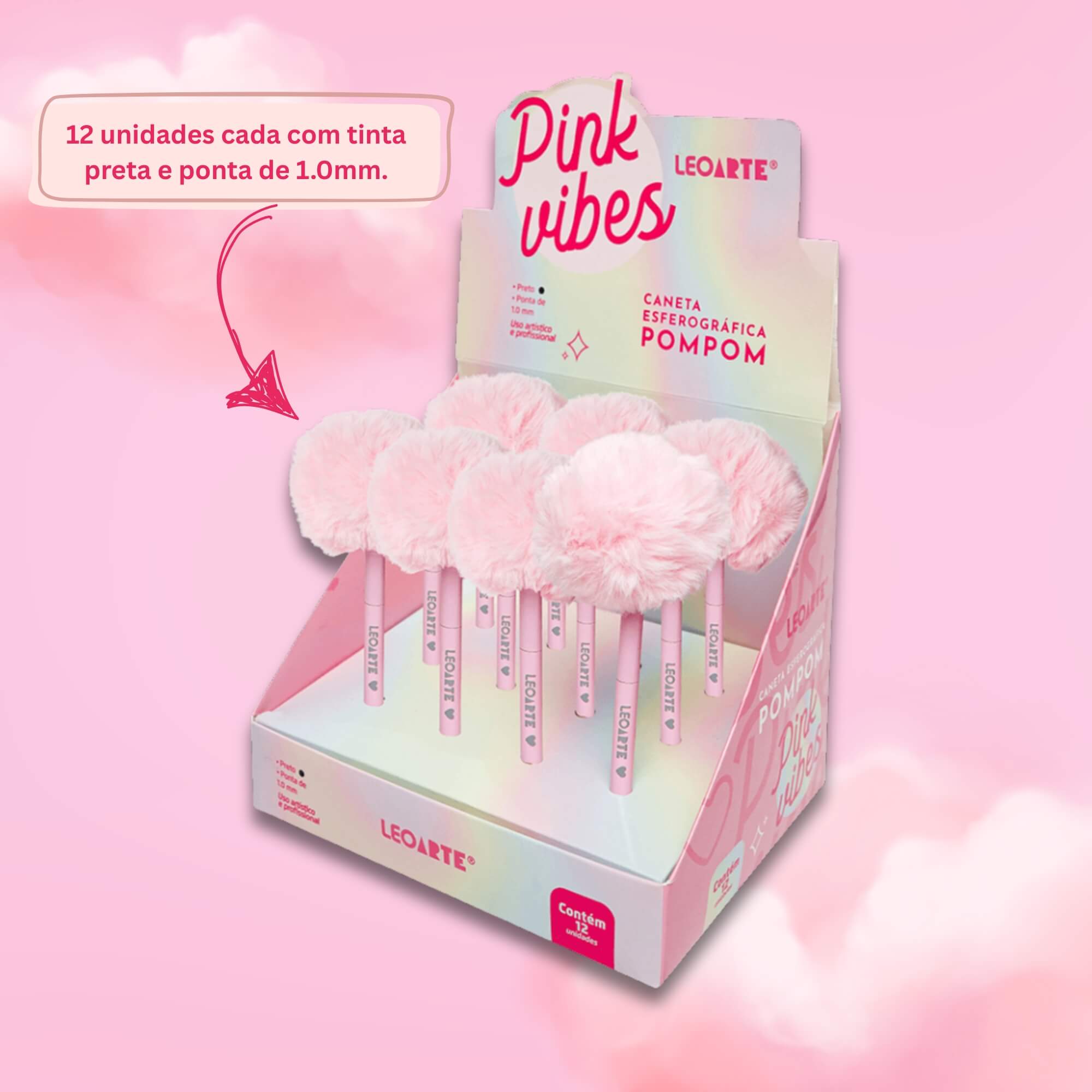 Caneta Esferográfica Pompom Pink Vibes - Tinta Preta Display C/ 12 unidades Leoarte Leonora - 97913