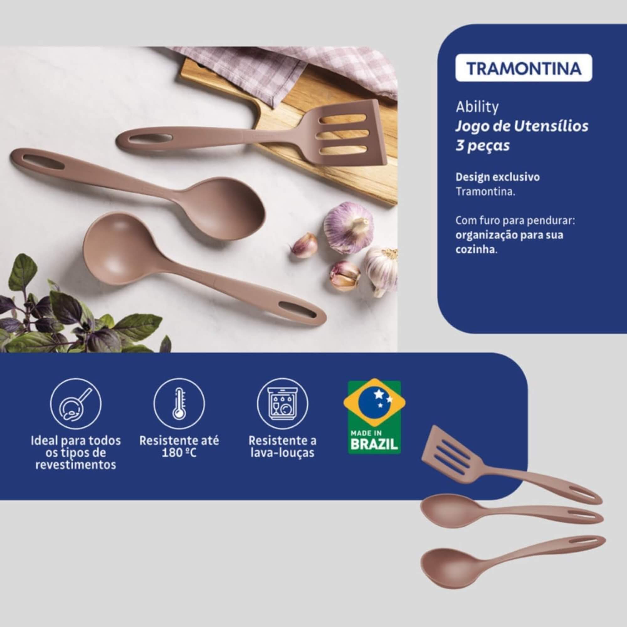 Jogo de Utensílios Ability em Nylon Mocaccino 03 Peças Tramontina - 25199411