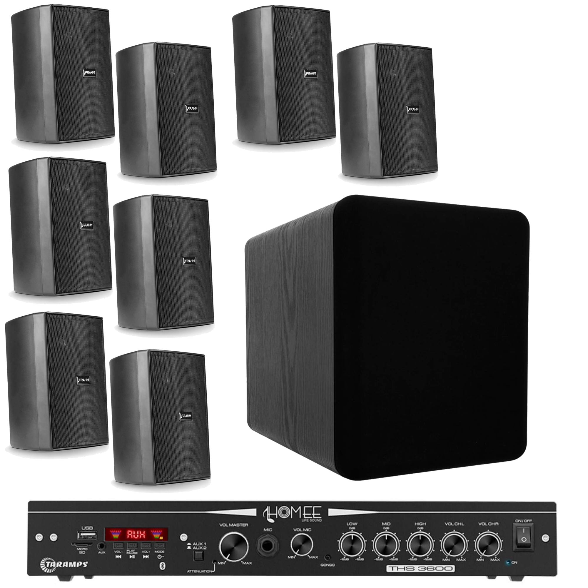 COMP Kit Amplificador Receiver THS 3600 + Subwoofer 8 TAS408F + 8 Caixas PS200 Frahm Preta - Taramps