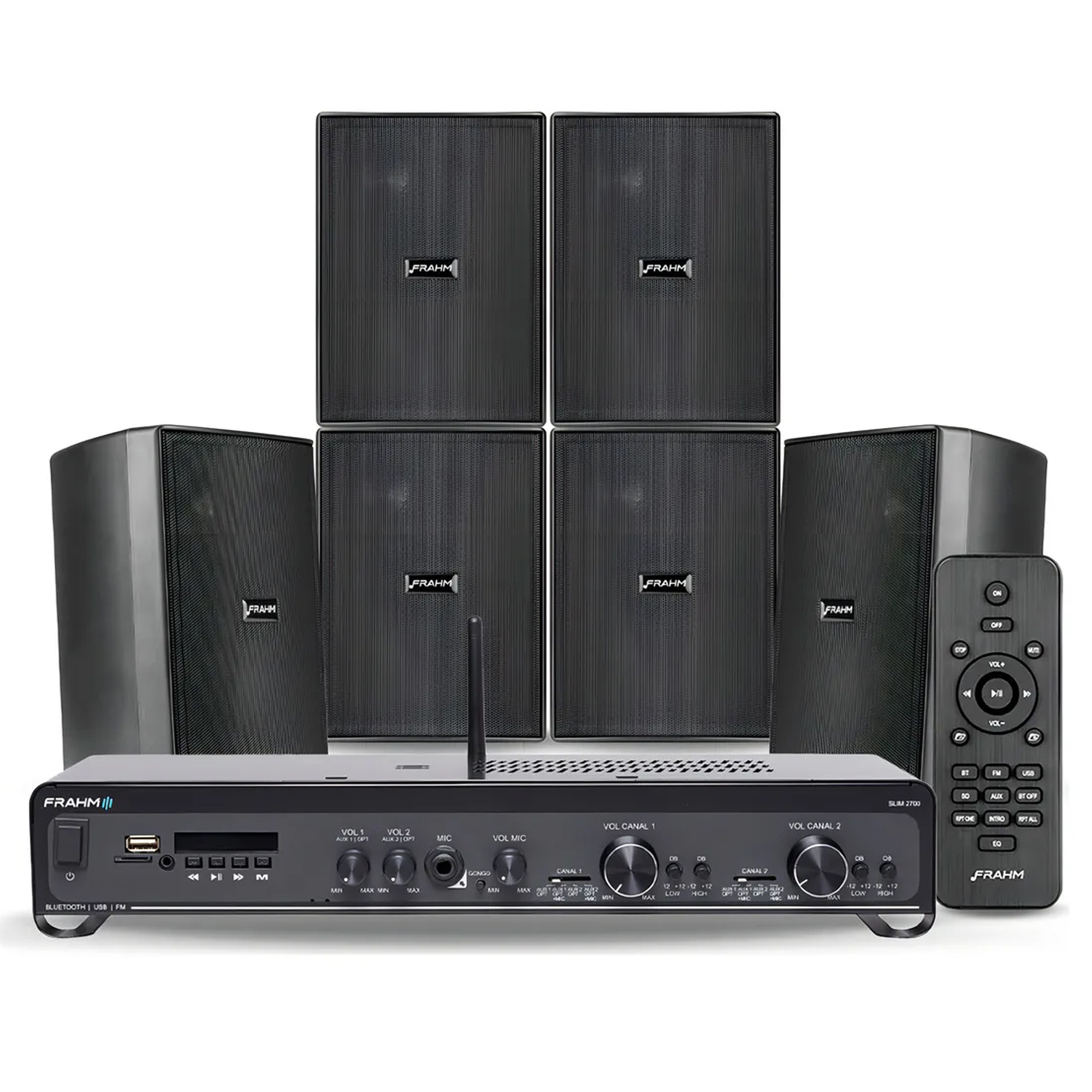 COMP Kit Som Ambiente P/ Academias Frahm Slim 2500 + 6 Cxs Ps200 Preto 160 RMS - Frahm