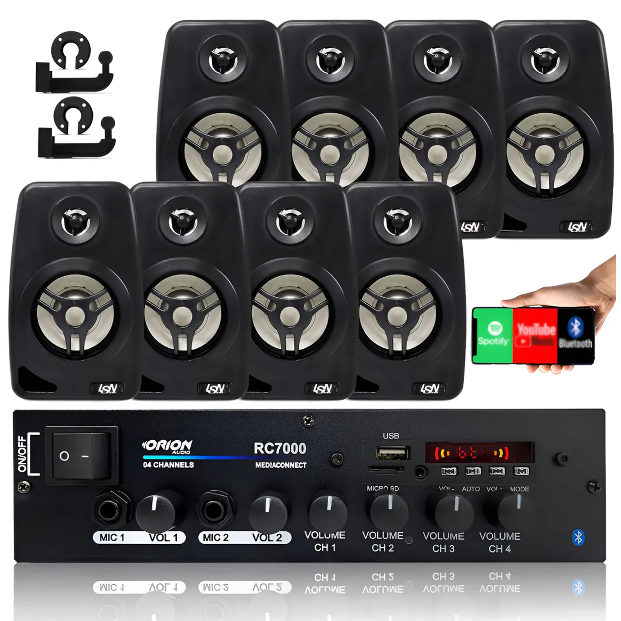 COMP Kit Kit Som Ambiente 500w Bt +8 Caixas Parede Pretas Leson 70 Rms