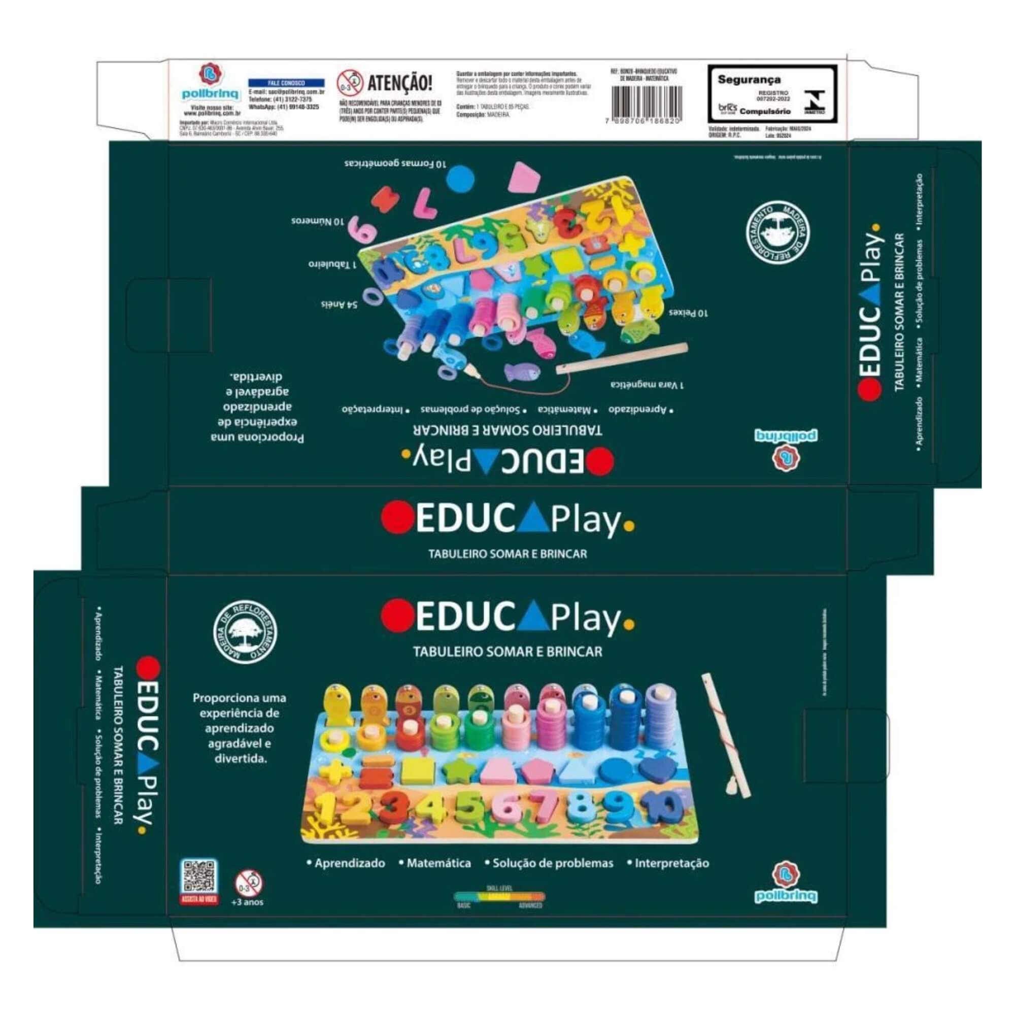 Brinquedo Educativo de Madeira Educaplay Tabuleiro Somar e Brincar c/ 84 Peças Polibrinq - BDM28