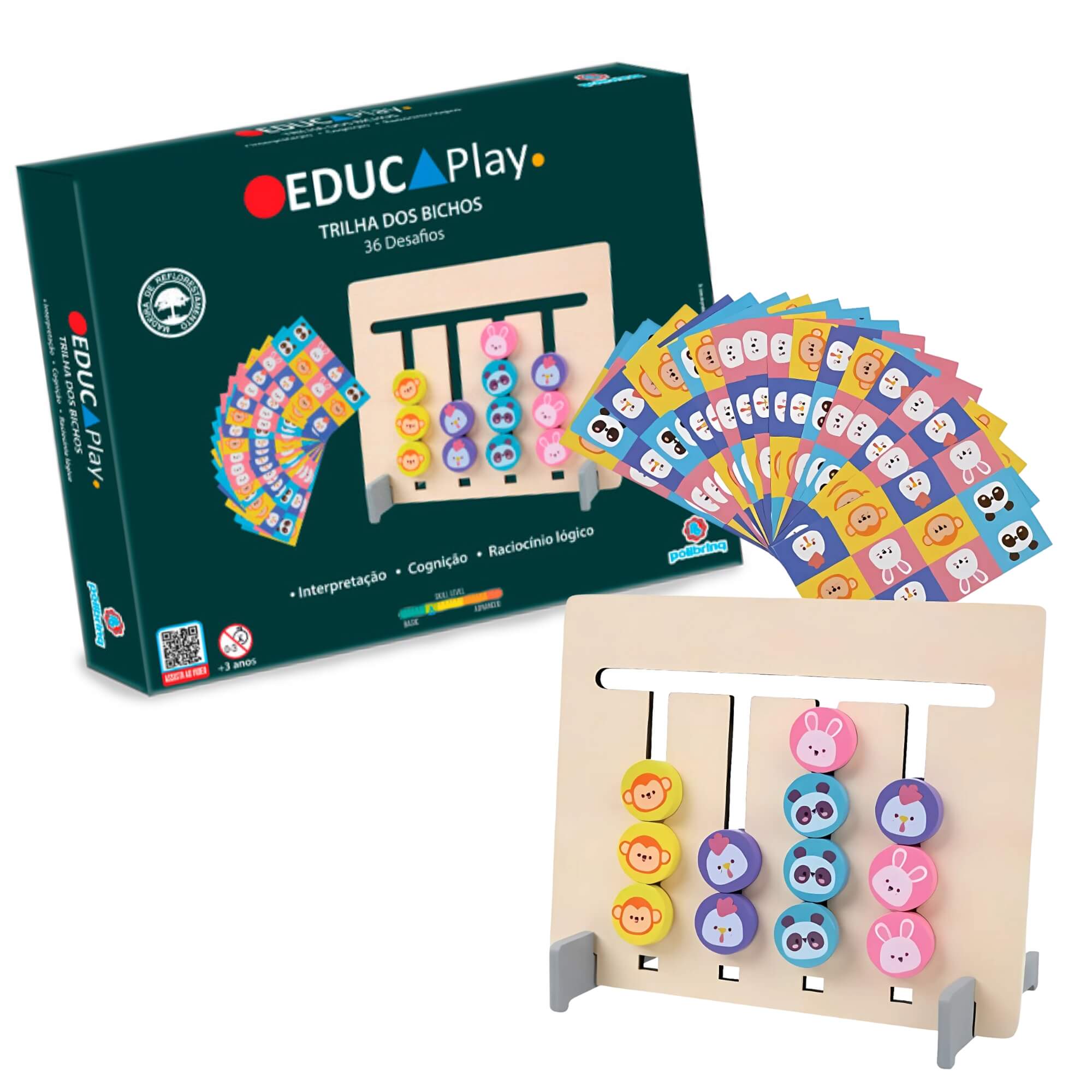 Brinquedo Educativo de Madeira Trilha dos Bichos com 36 desafios Polibrinq - BDM24