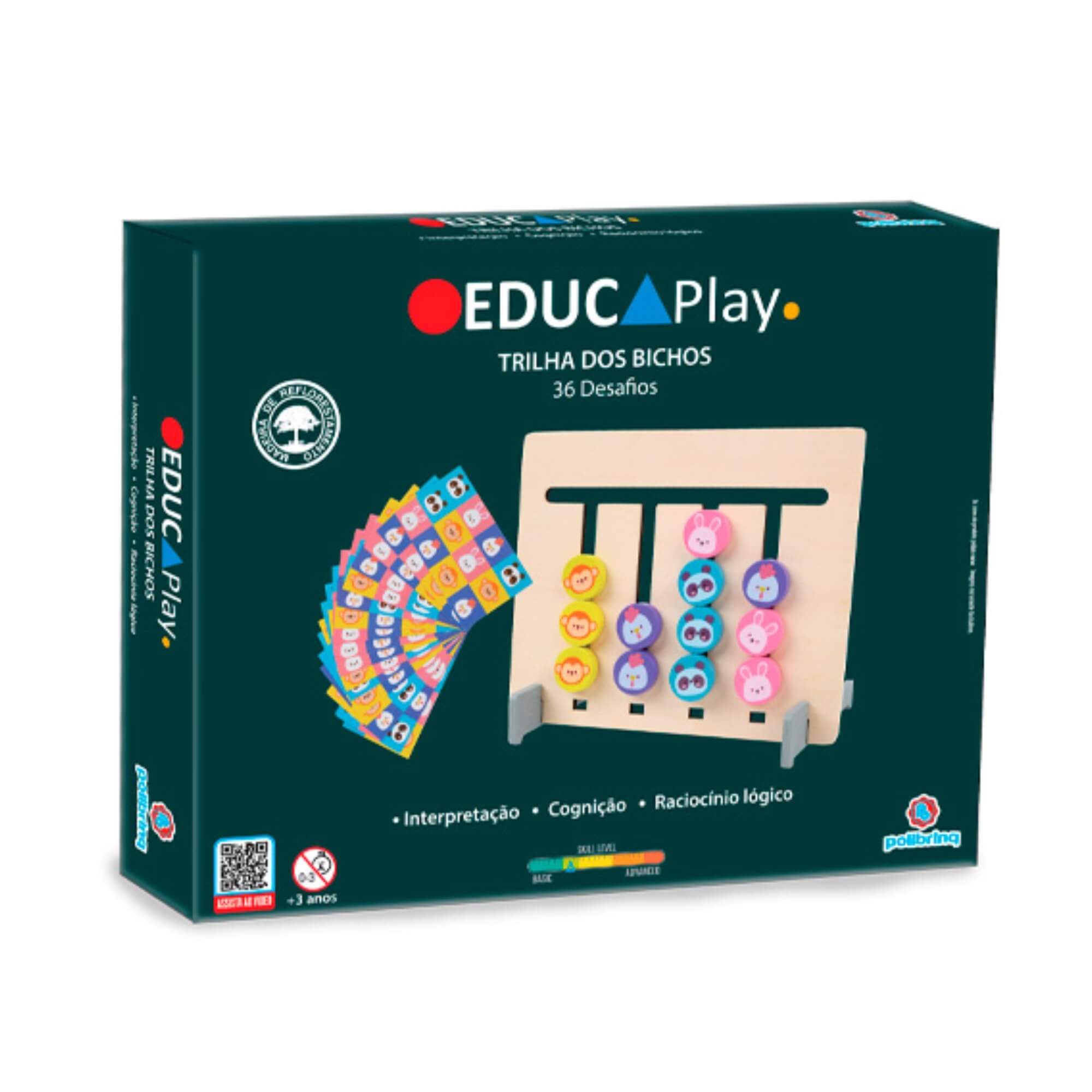 Brinquedo Educativo de Madeira Trilha dos Bichos com 36 desafios Polibrinq - BDM24