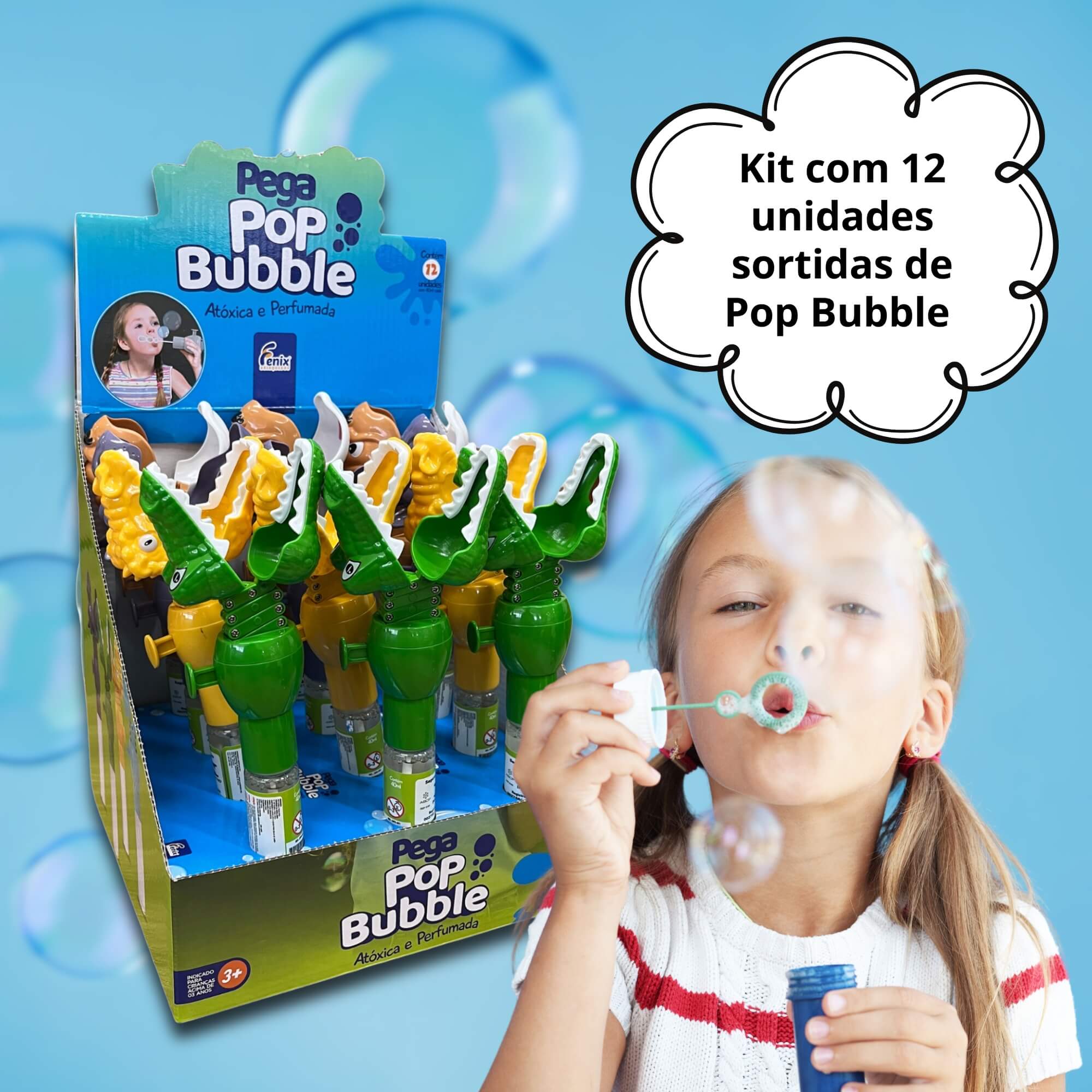 COMP Kit 12und Pop Bubble Pega Coisa Brinquedo Infantil Bolhas de Sabão (Sortido) Fenix
