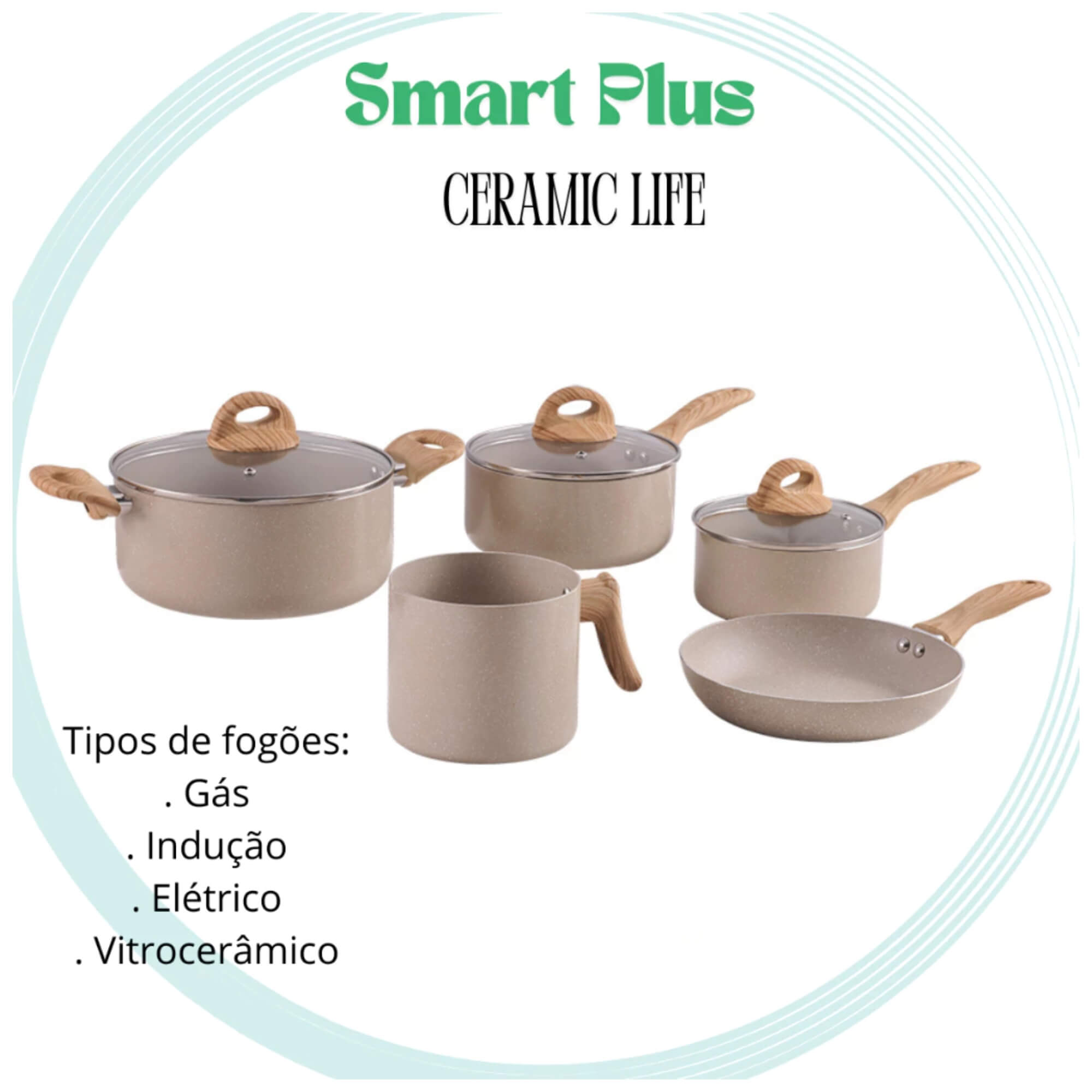 Conjunto de Panelas Antiaderentes Ceramic Life 5 Peças com Indução cor Areia Brinox - 4774/105
