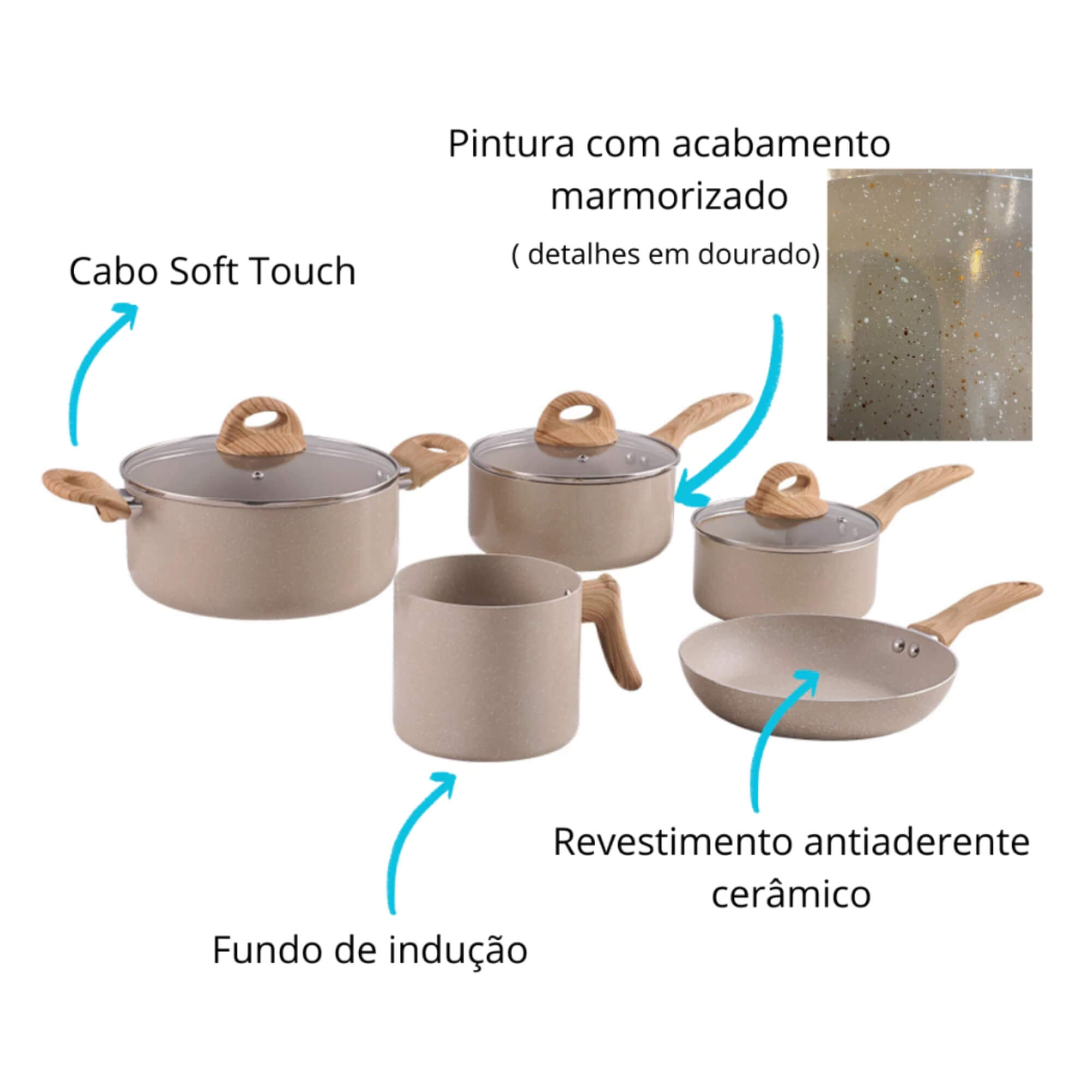 Conjunto de Panelas Antiaderentes Ceramic Life 5 Peças com Indução cor Areia Brinox - 4774/105