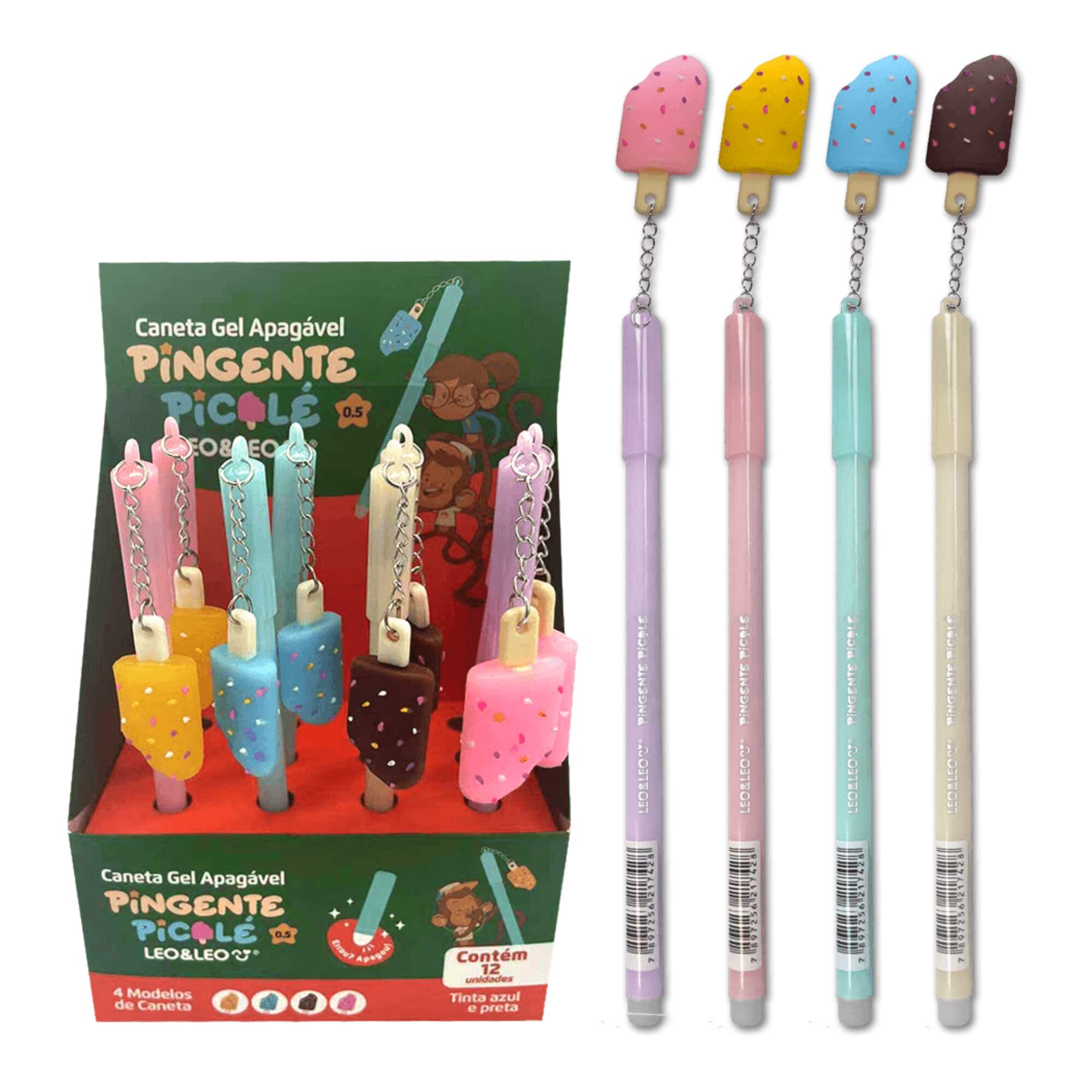 Caneta em Gel Apagável 0.5 com Pingente Picolé Display c/ 12 unidades Leo&Leo Leonora - 10222