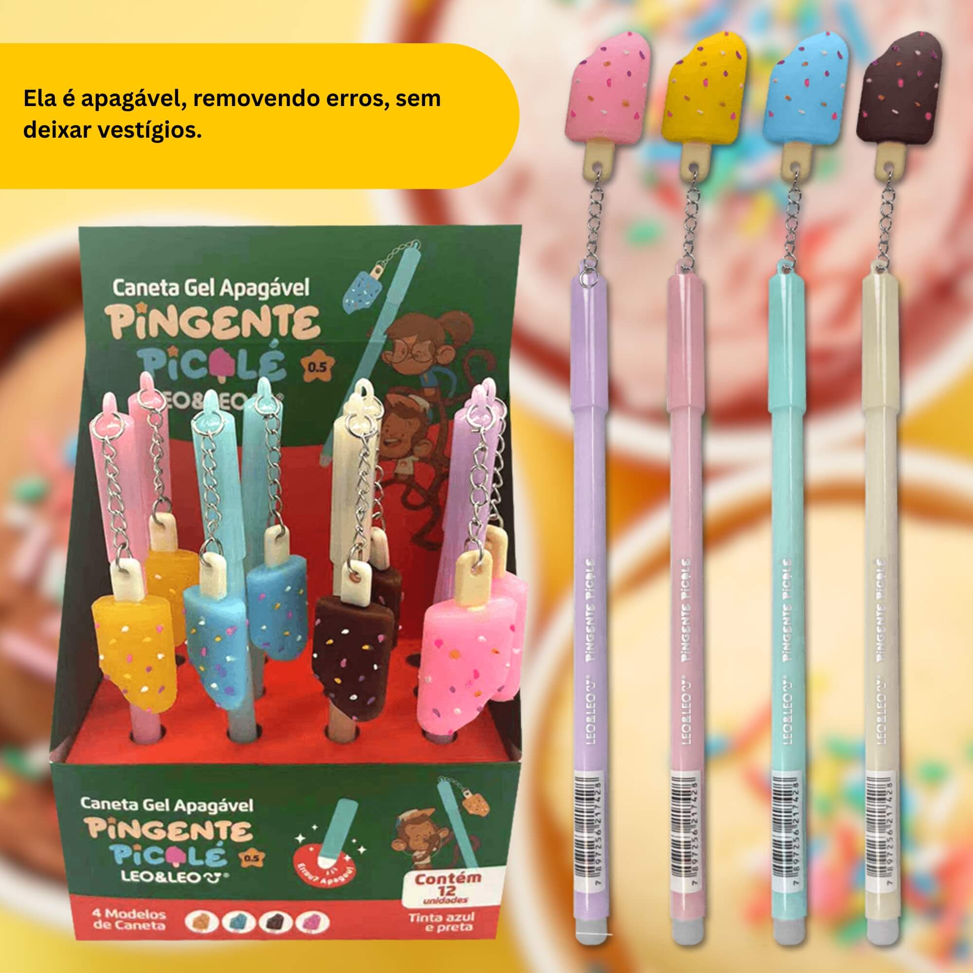Caneta em Gel Apagável 0.5 com Pingente Picolé Display c/ 12 unidades Leo&Leo Leonora - 10222