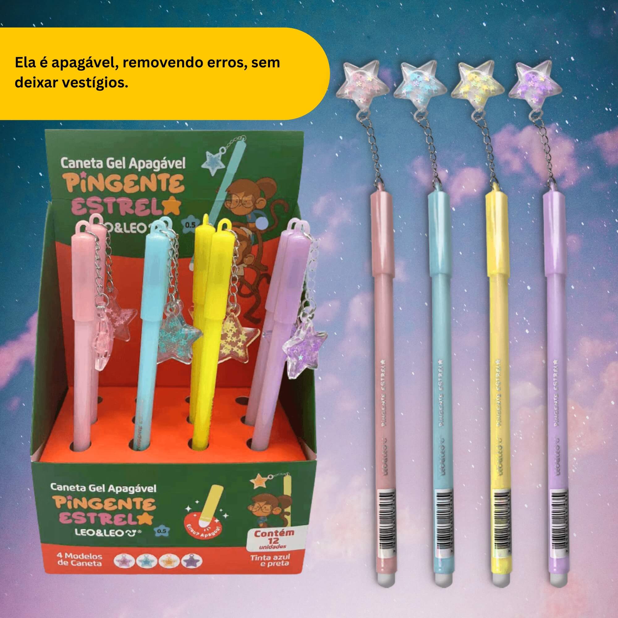 Caneta em Gel Apagável 0.5 com Pingente Estrela Display c/ 12 unidades Leo&Leo Leonora - 10223