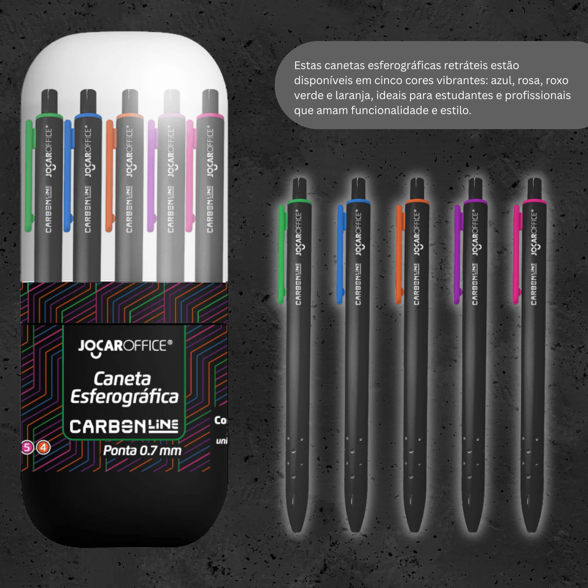 Caneta Esferográfica Retrátil Ponta 0.7 Carbon Line Cores Sortidas Pote c/ 24 und Leonora - 10299