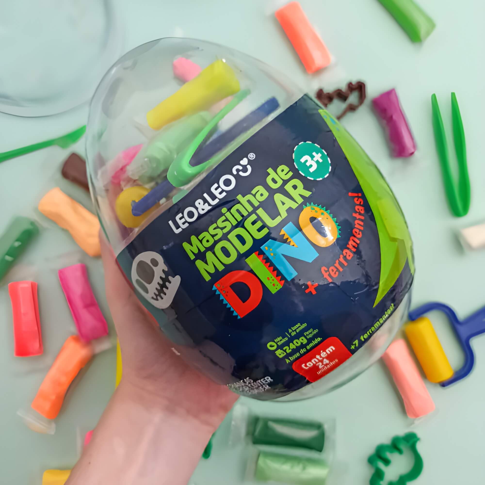 Kit Massa de Modelar Ovo Dino - 24 Cores + 7 Moldes Leo&Leo Leonora - 73537