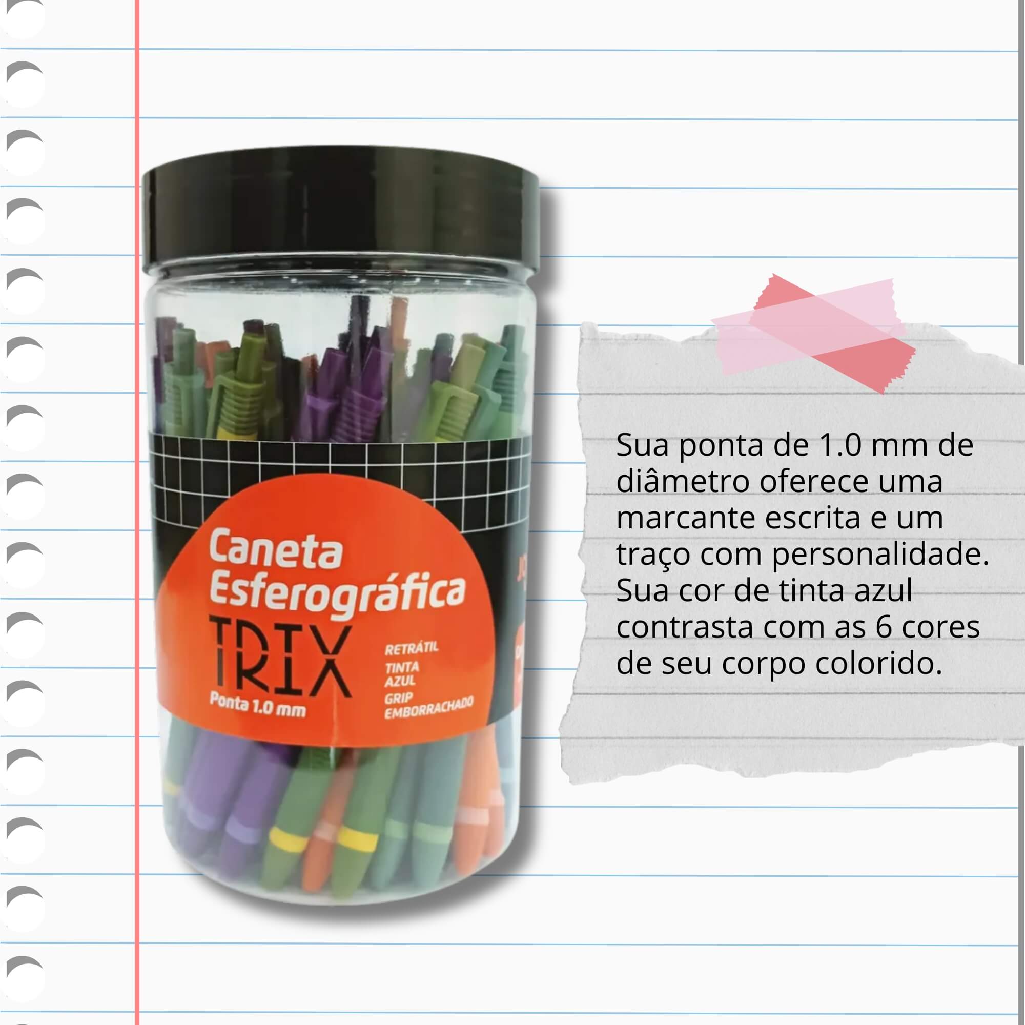 Caneta Esferográfica Trix 1.0 Azul - Pote c/ 50 Unidades Sortidas Jocar Office Leonora - 97944