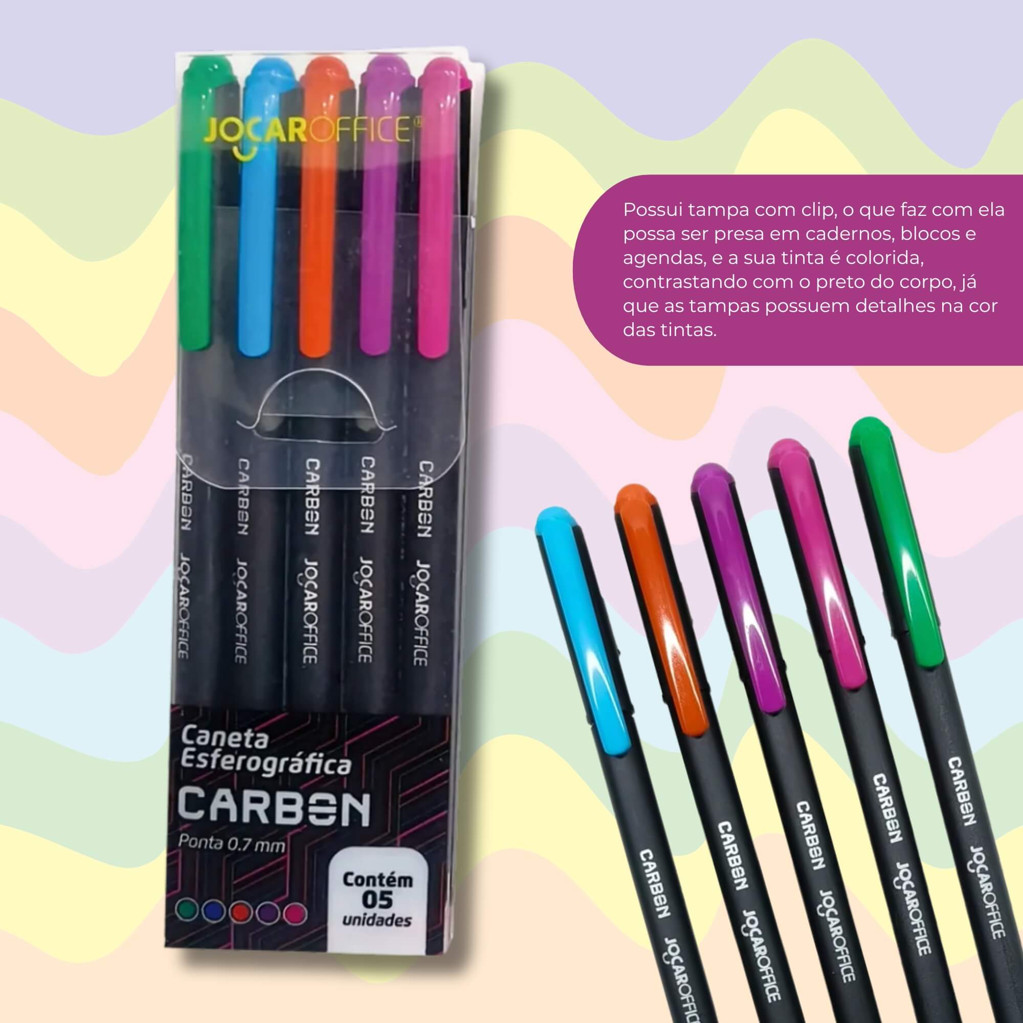 Caneta Esferográfica Carbon 0.7 Colorida - Estojo c/ 5 unidades Jocar Office Leonora - 97955