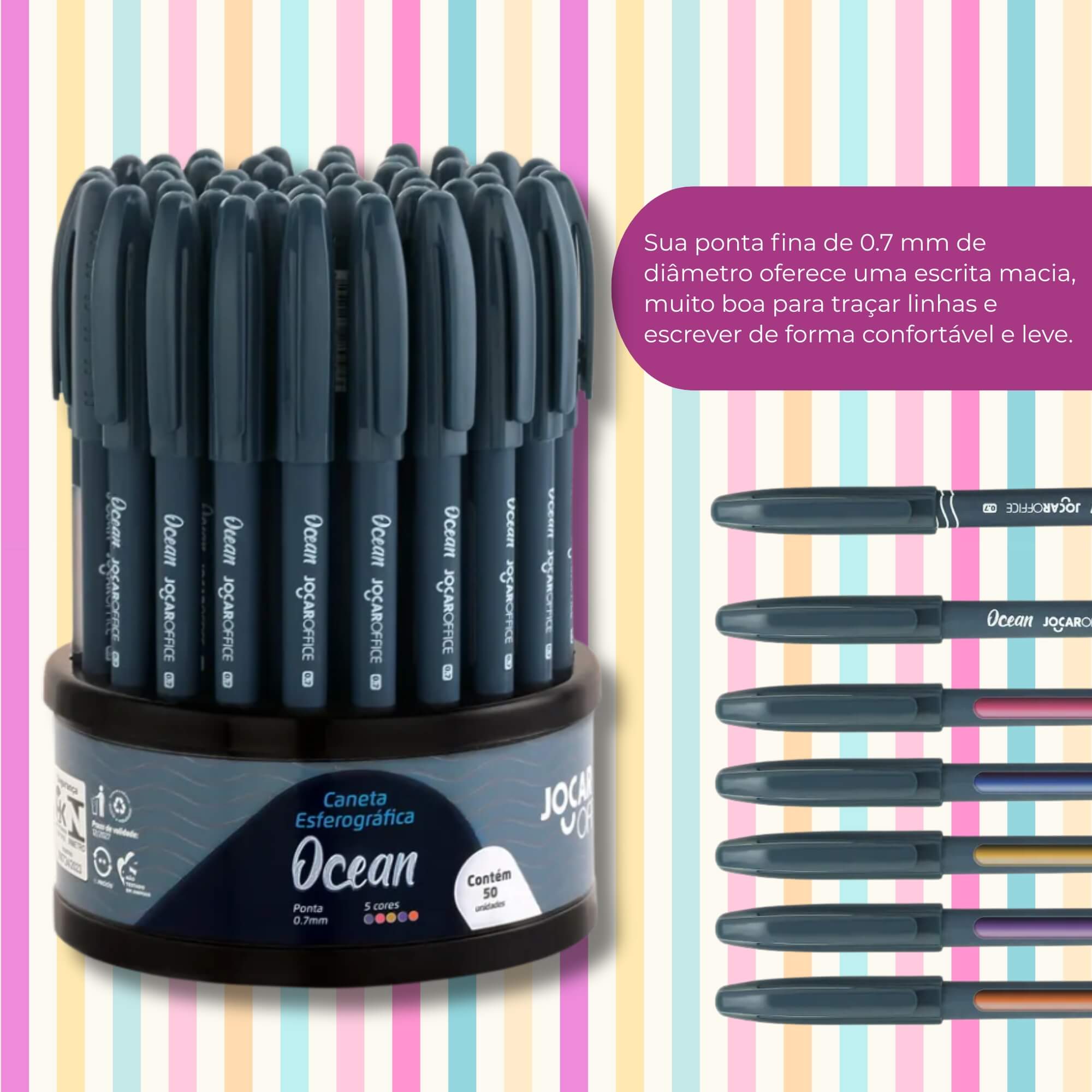 Caneta Esferográfica Ocean 0.7 Colorida - Dispenser c/ 50 unidades Jocar Office Leonora - 97958