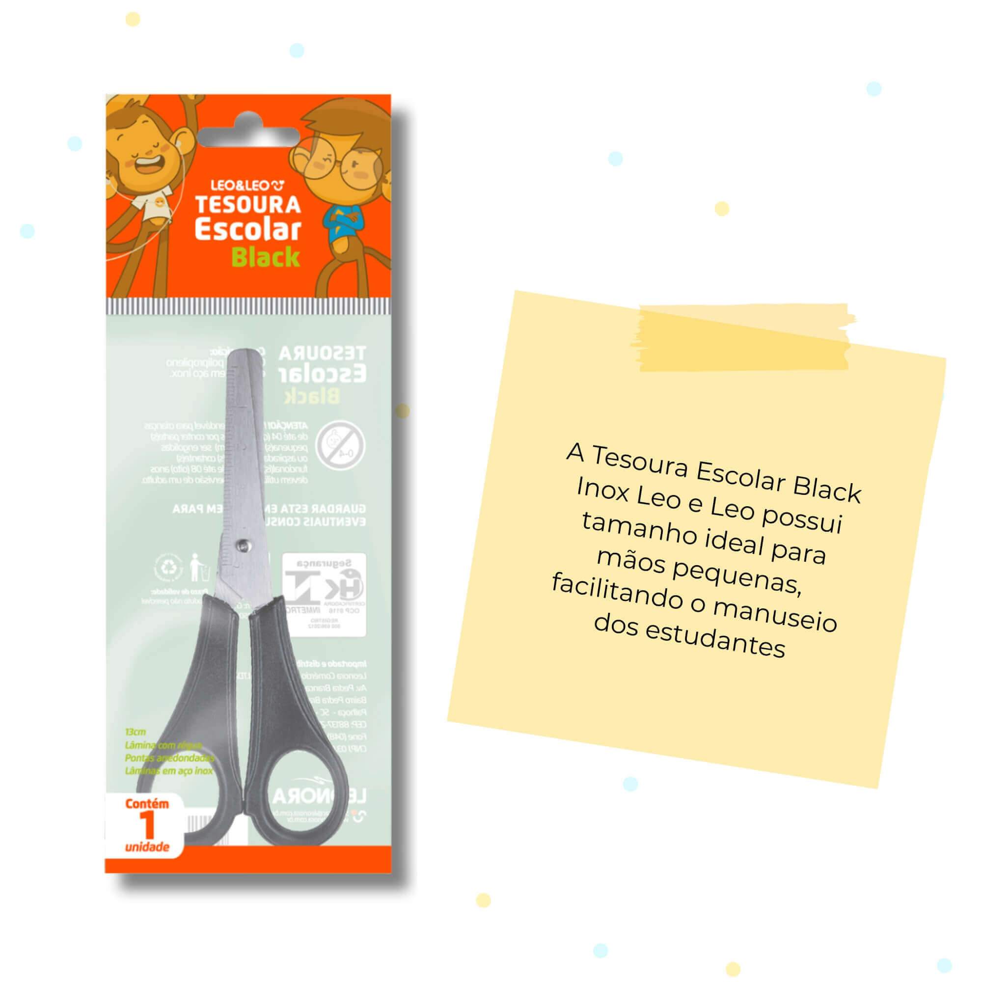 Tesoura Escolar Black Inox 130mm Cabo Preto c/ 24 unidades Leo&Leo Leonora - 4123