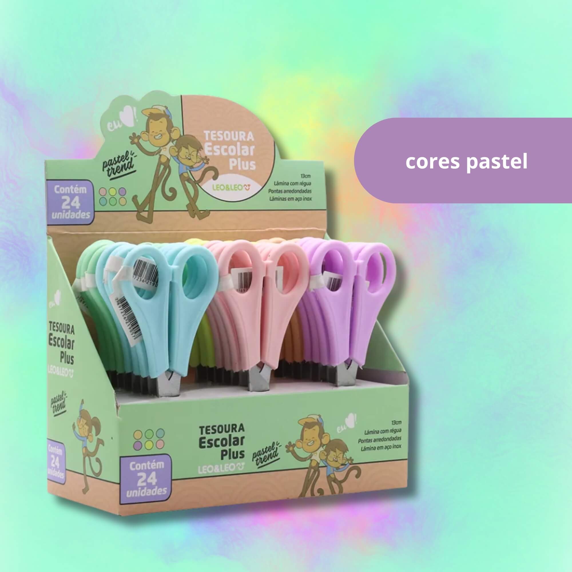 Tesoura Escolar Plus Tons Pastel Trend Display com 24 Unidades Leo&Leo Leonora - 72005