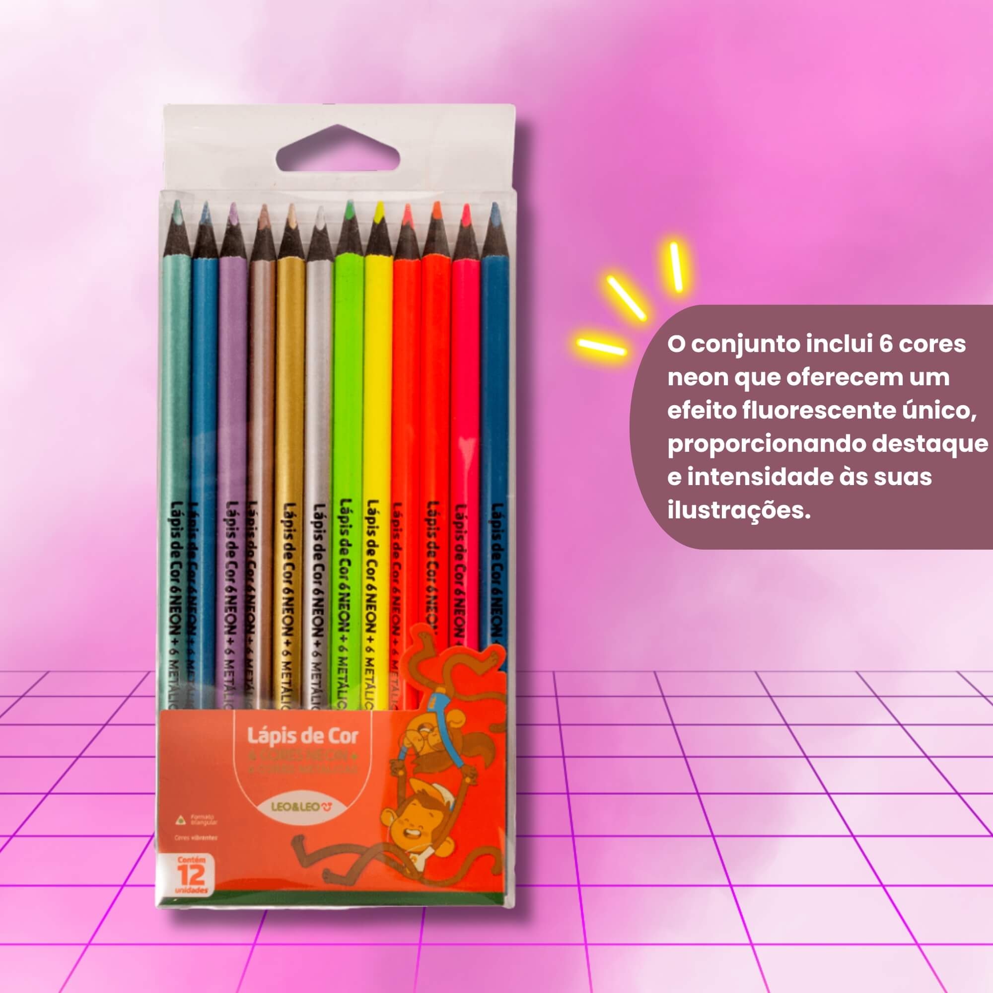 Lápis 12 Cores Especiais 6 Cores Neon e Metálicas Leo&Leo Leonora - 72107