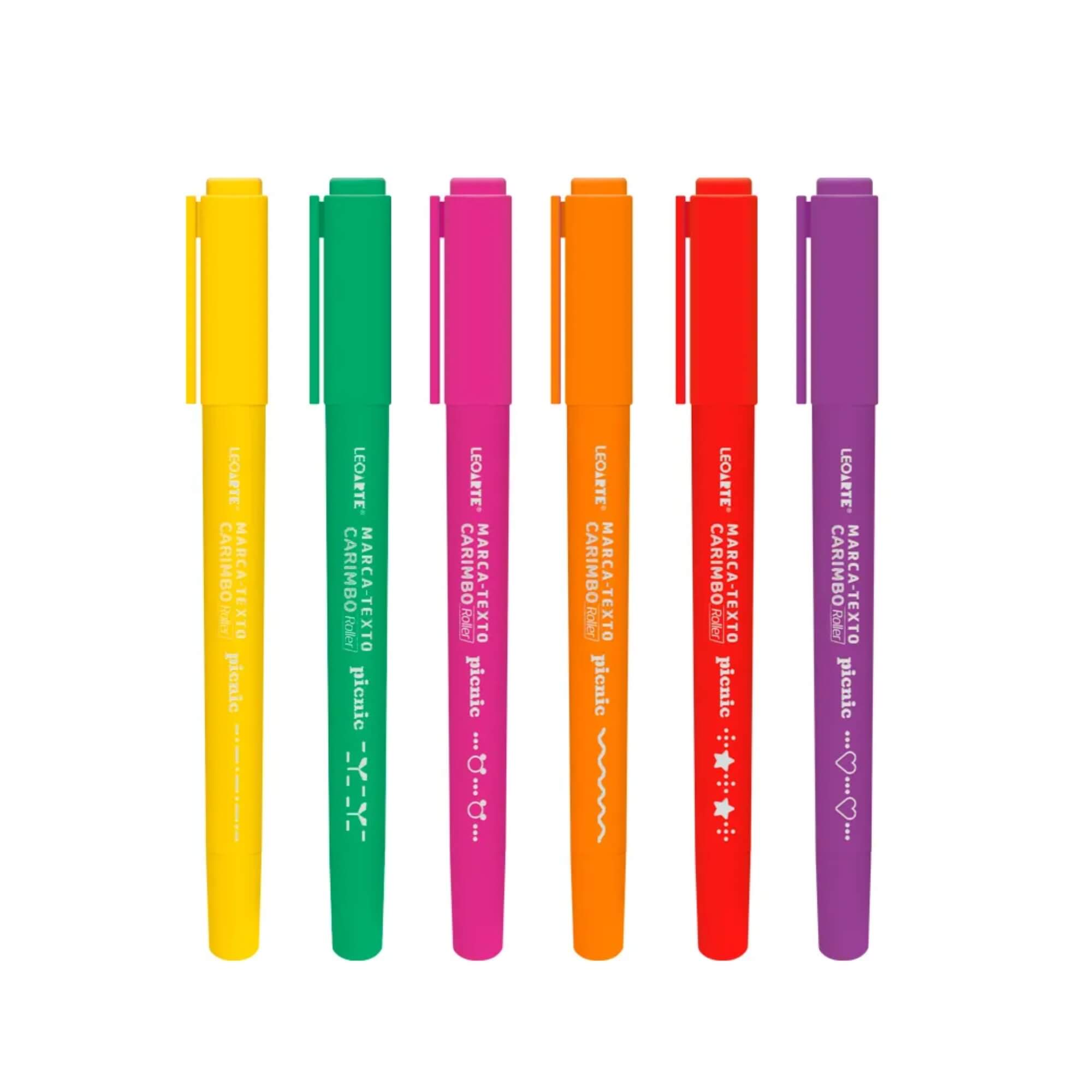 Caneta Marca-Texto Carimbo Roller Picnic 6 Cores - Display c/ 18 unidades Leoarte Leonora - 72712
