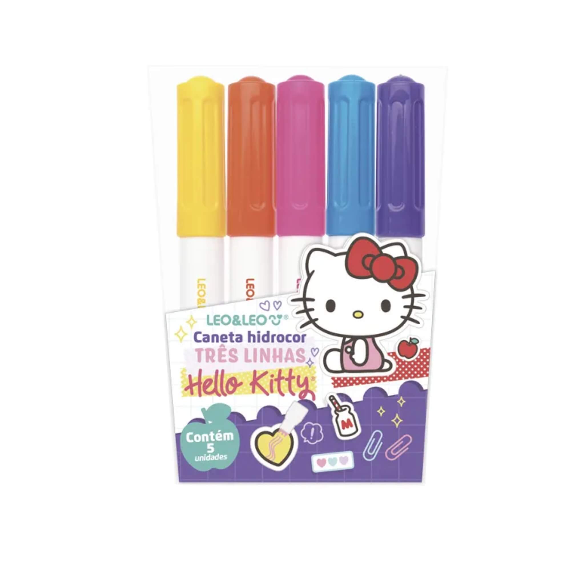 Caneta Hidrocor 3 Linhas Hello Kitty Estojo com 5 Cores Leo&Leo Leonora - 72716
