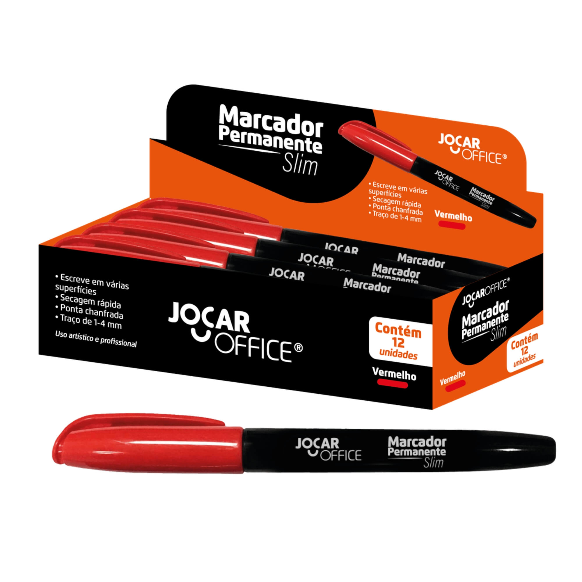 Caneta Marcador Permanente Ponta Chanfrada Vermelho Slim Caixa c/ 12 unidades Leonora - 96088