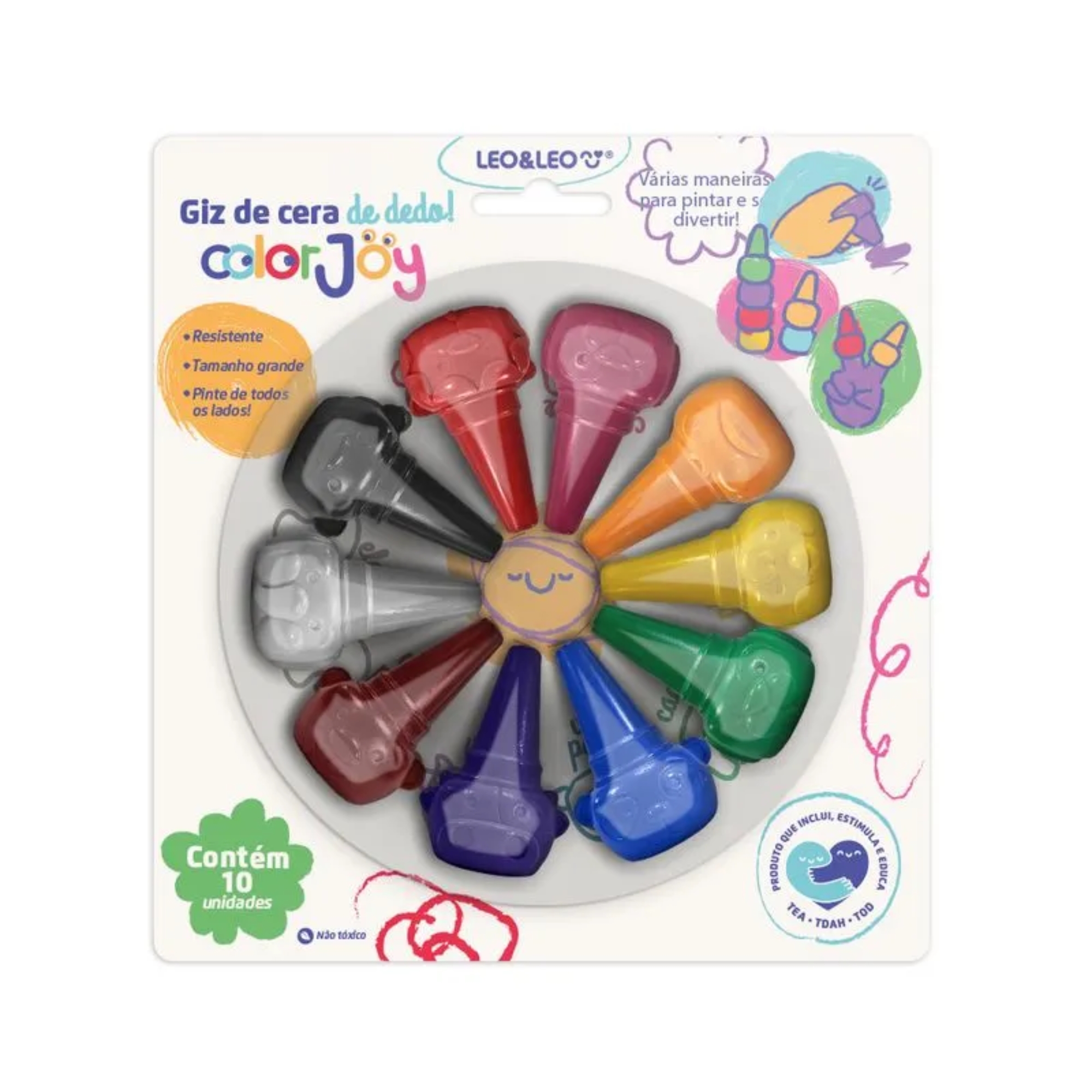 Giz de Cera Encaixa no Dedo color joy - blister c/ 10 cores Leo&Leo Leonora - 10225