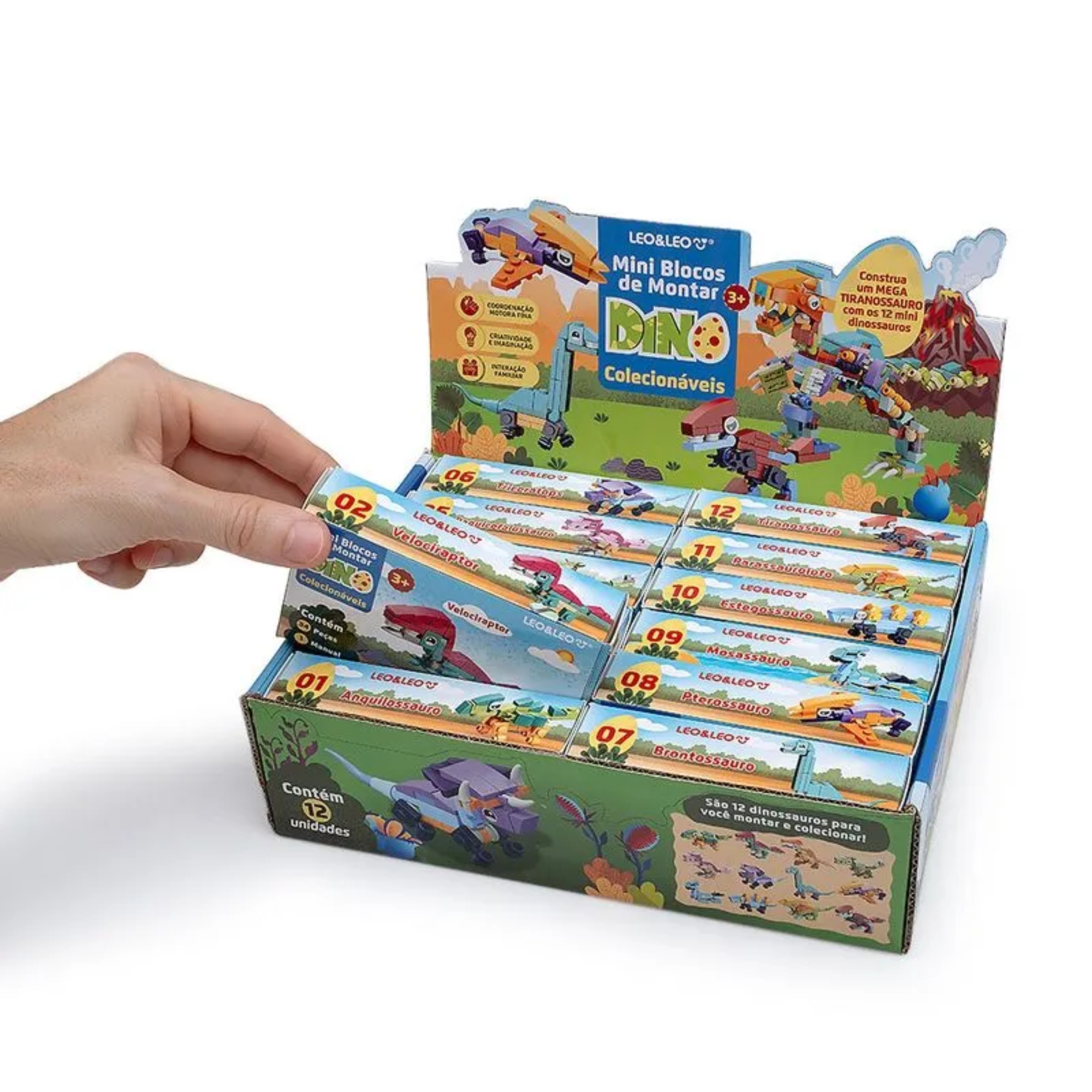 Bloco de Montar Mini Dino Display com 12 Unidades Sortidas Leo&Leo Leonora - 10391
