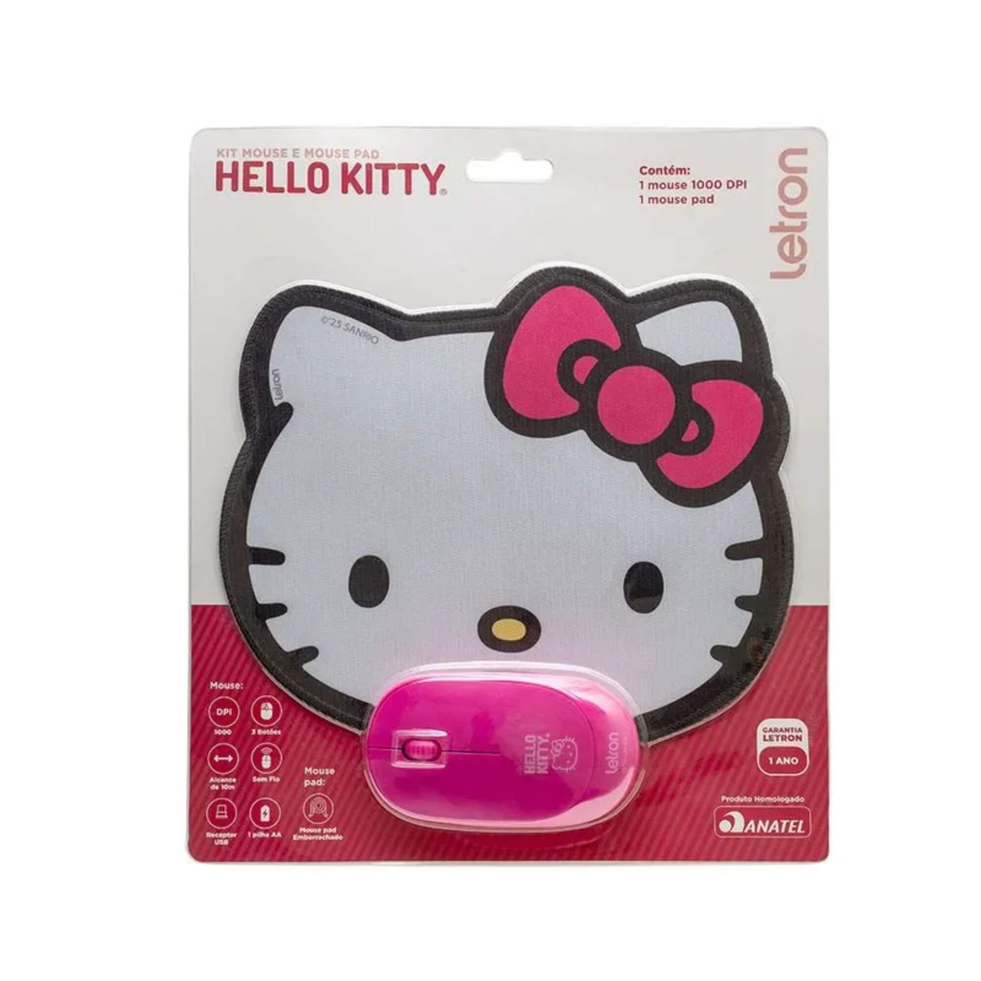 Kit Mouse Sem Fio e Mouse Pad Emborrachado Hello Kitty Letron Leonora - 10510