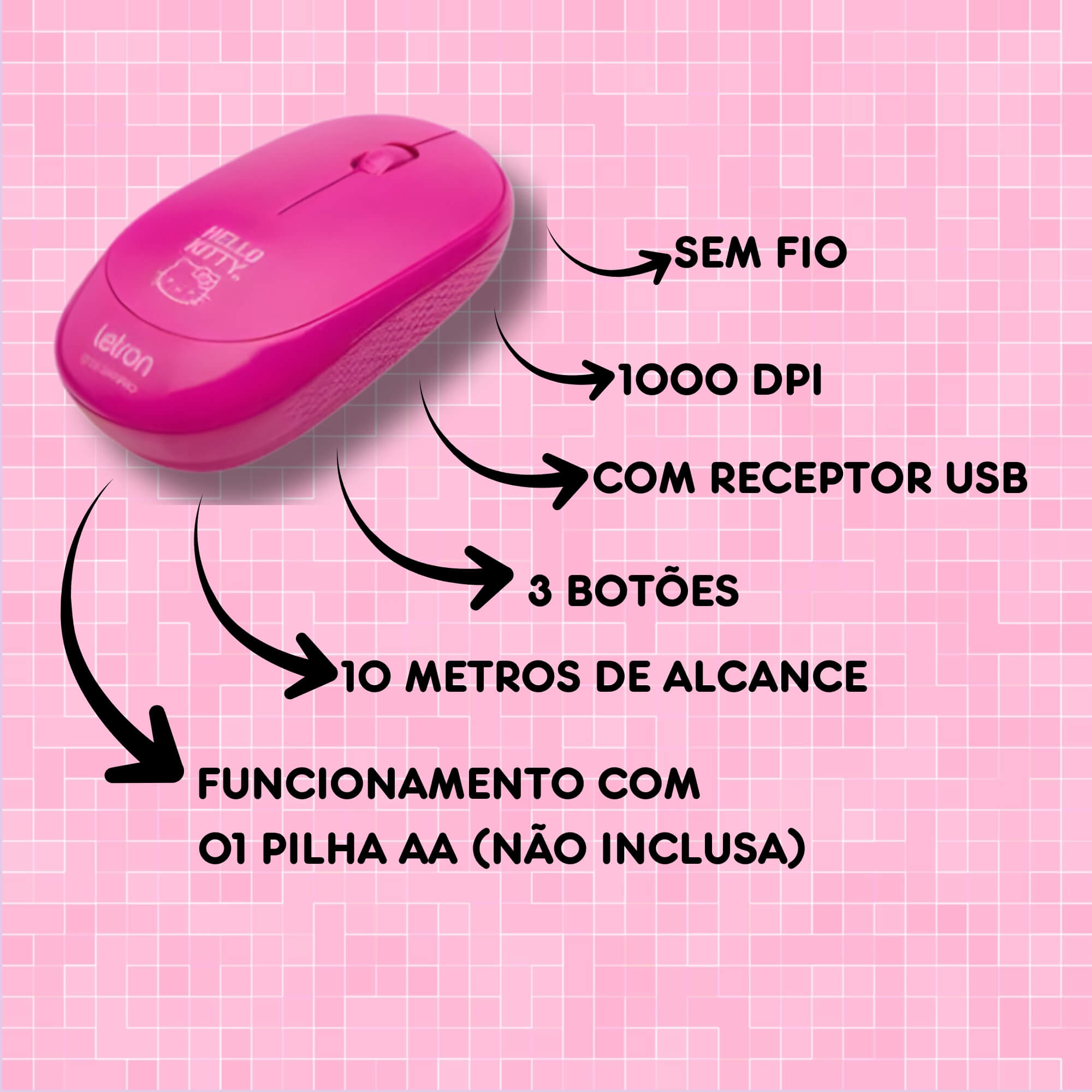 Kit Mouse Sem Fio e Mouse Pad Emborrachado Hello Kitty Letron Leonora - 10510