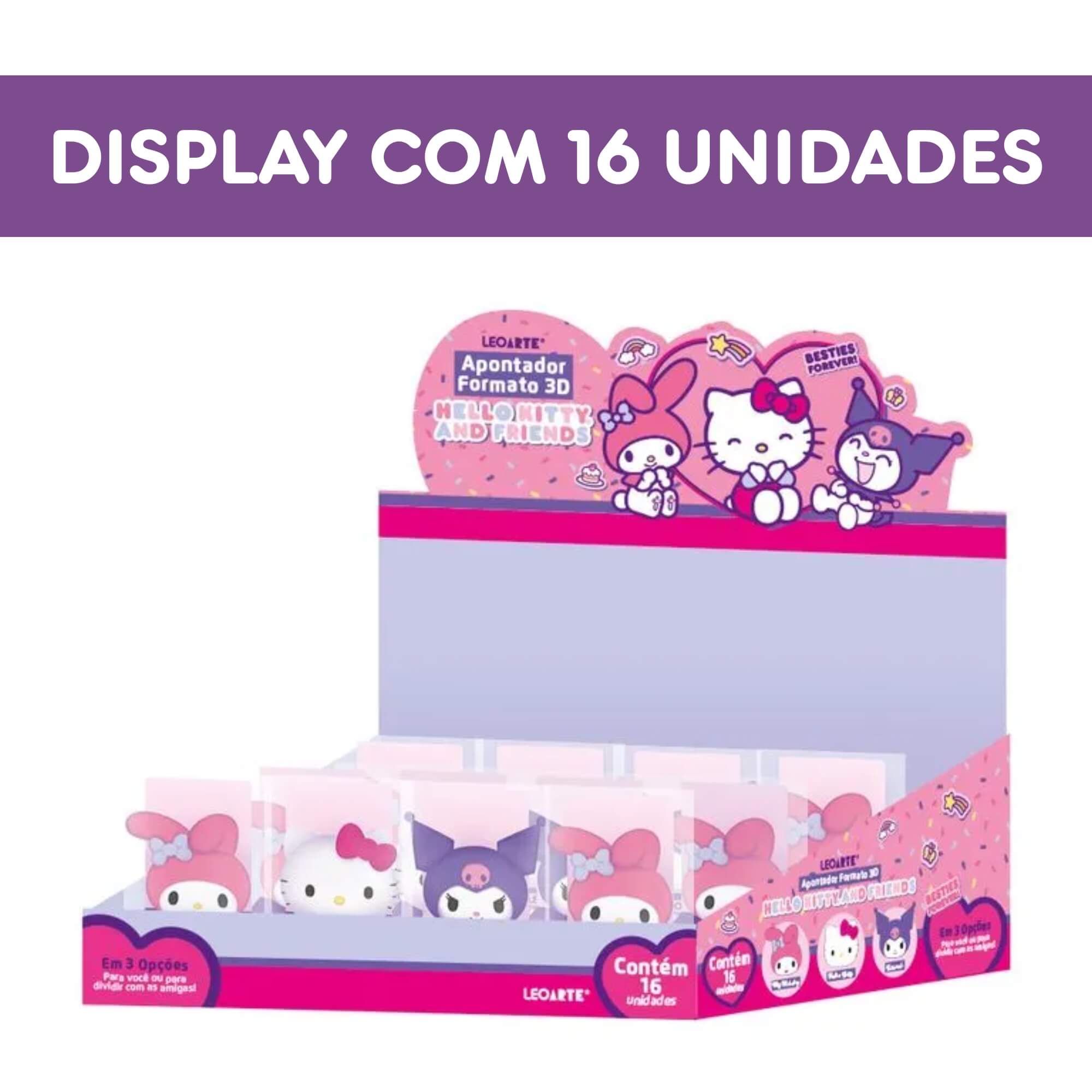 Apontador Formato 3D Hello Kitty e Amigos Sortido - Display C/ 16 Unidades Leoarte Leonora - 10557