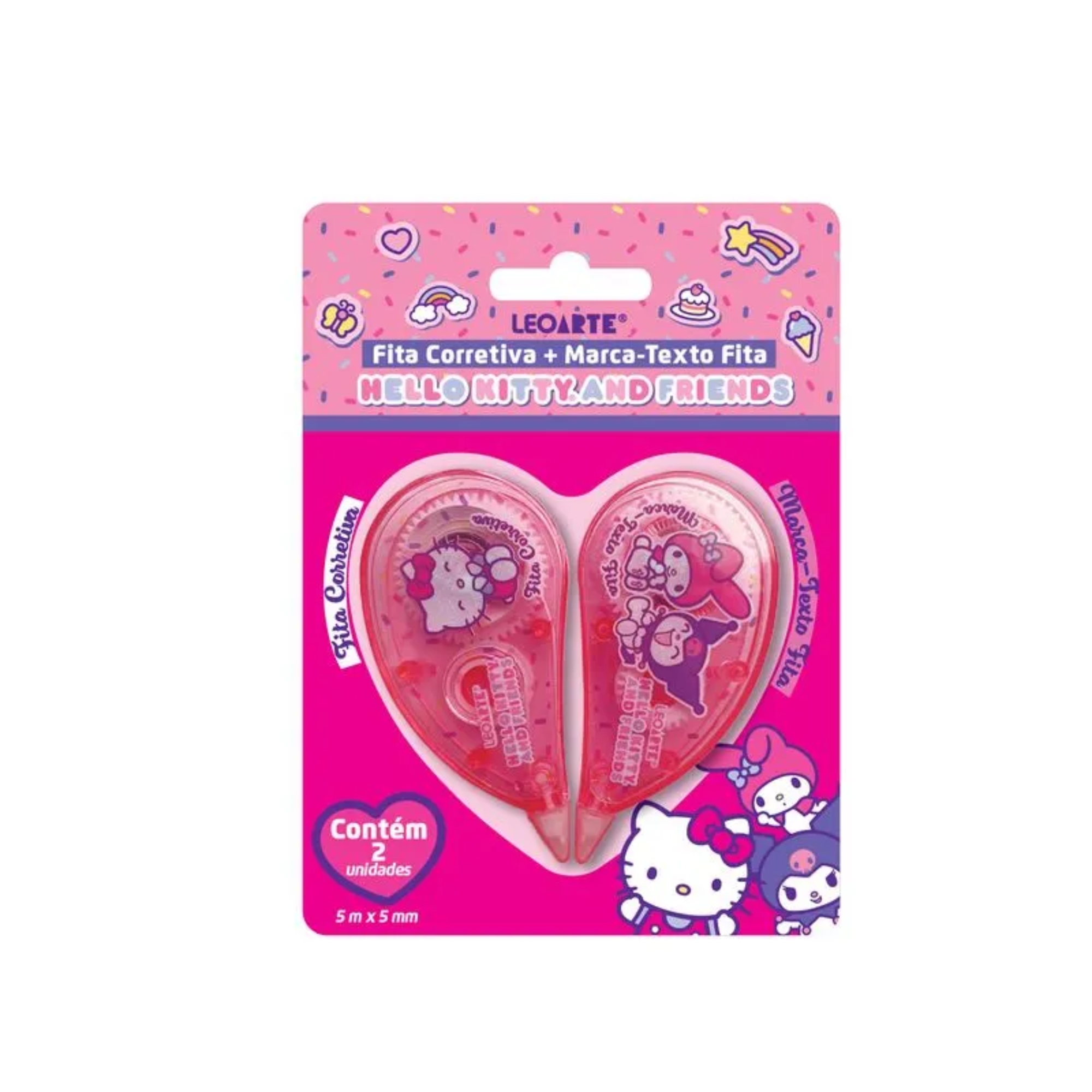 Fita Corretiva 5Mmx5m+Marca-Texto Hello Kitty e Amigos Blister C/ 2 Unid. Leoarte Leonora - 10577