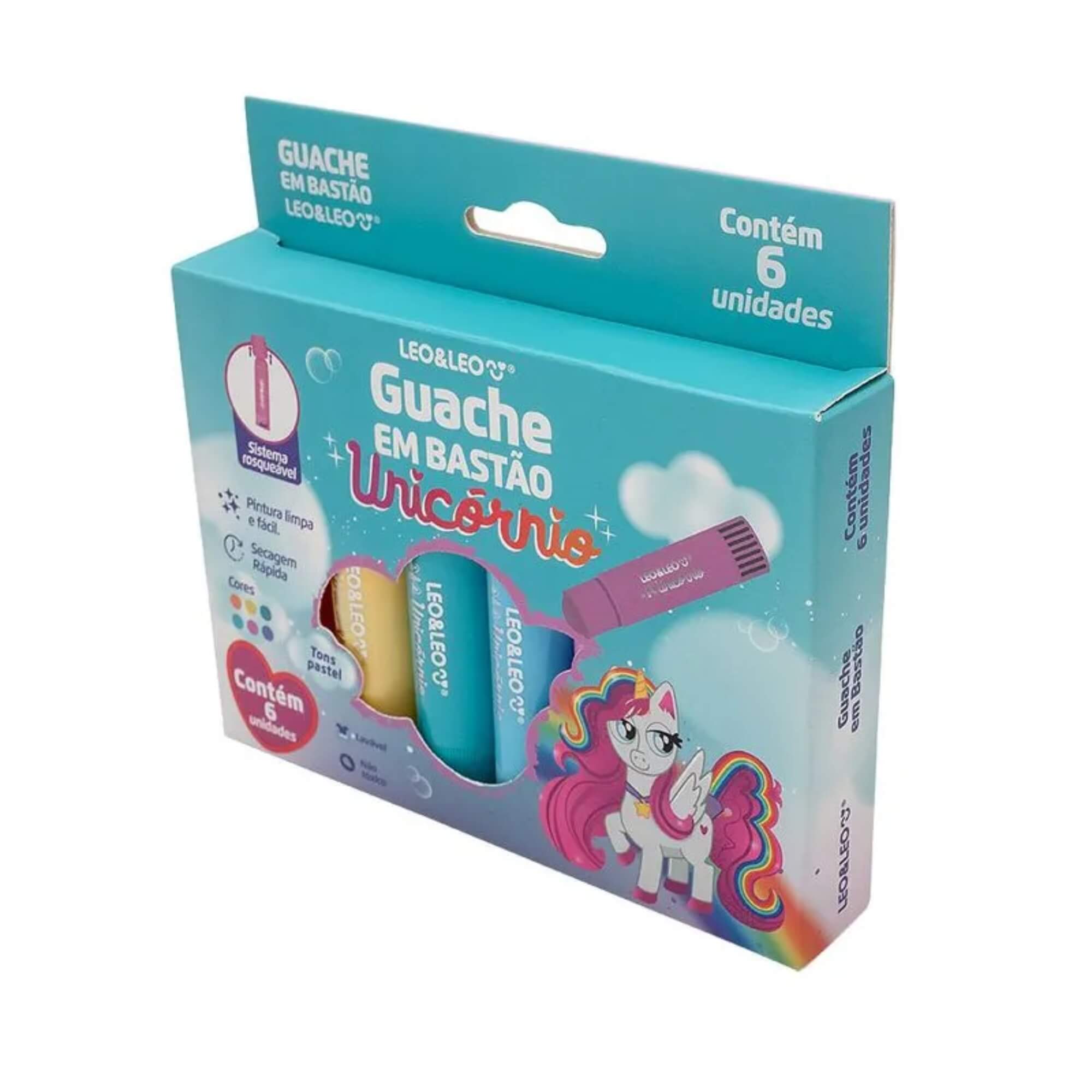 Guache em Bastão Cores Tons Pastel Unicórnio - Caixa com 6 Cores Leo&Leo Leonora - 10600