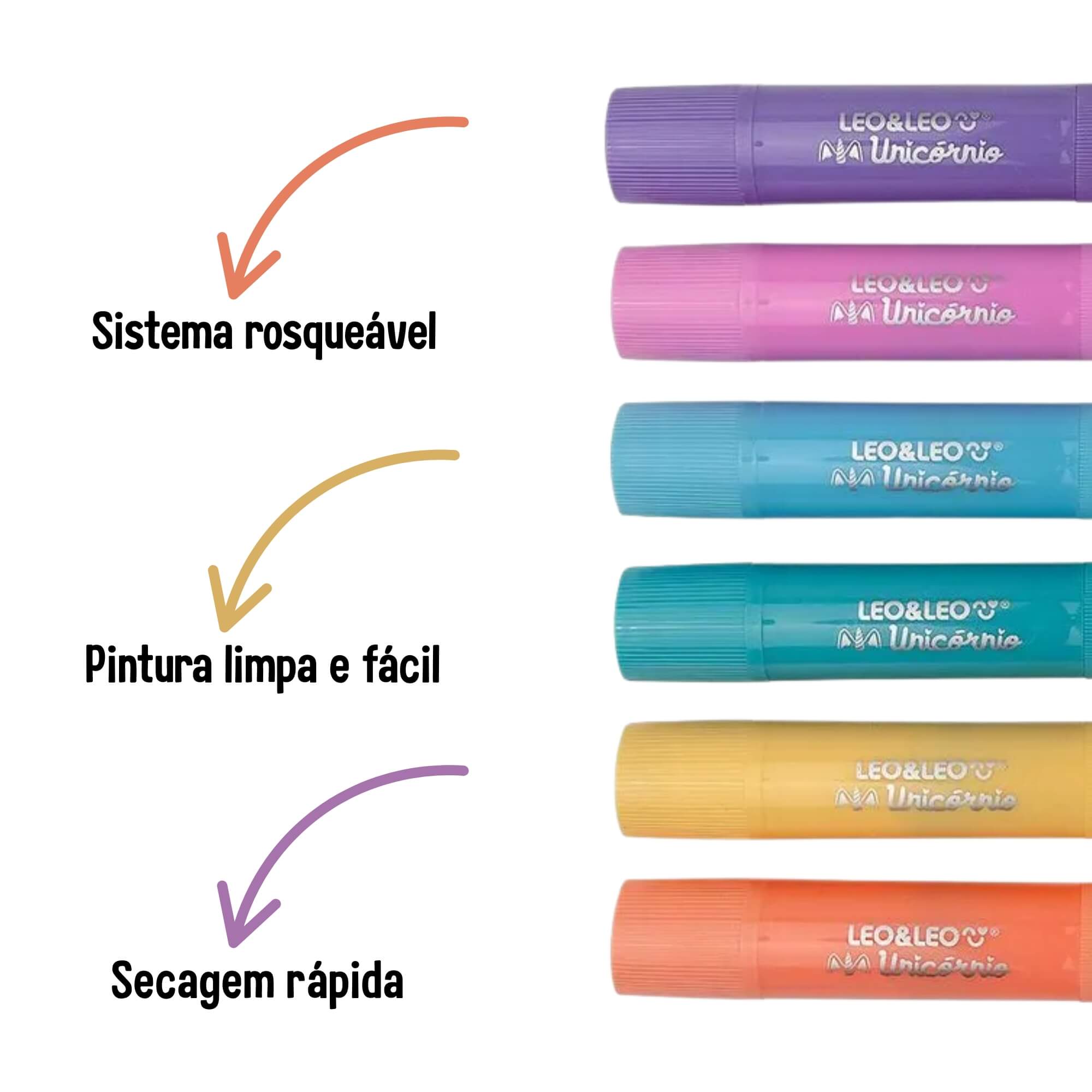 Guache em Bastão Cores Tons Pastel Unicórnio - Caixa com 6 Cores Leo&Leo Leonora - 10600