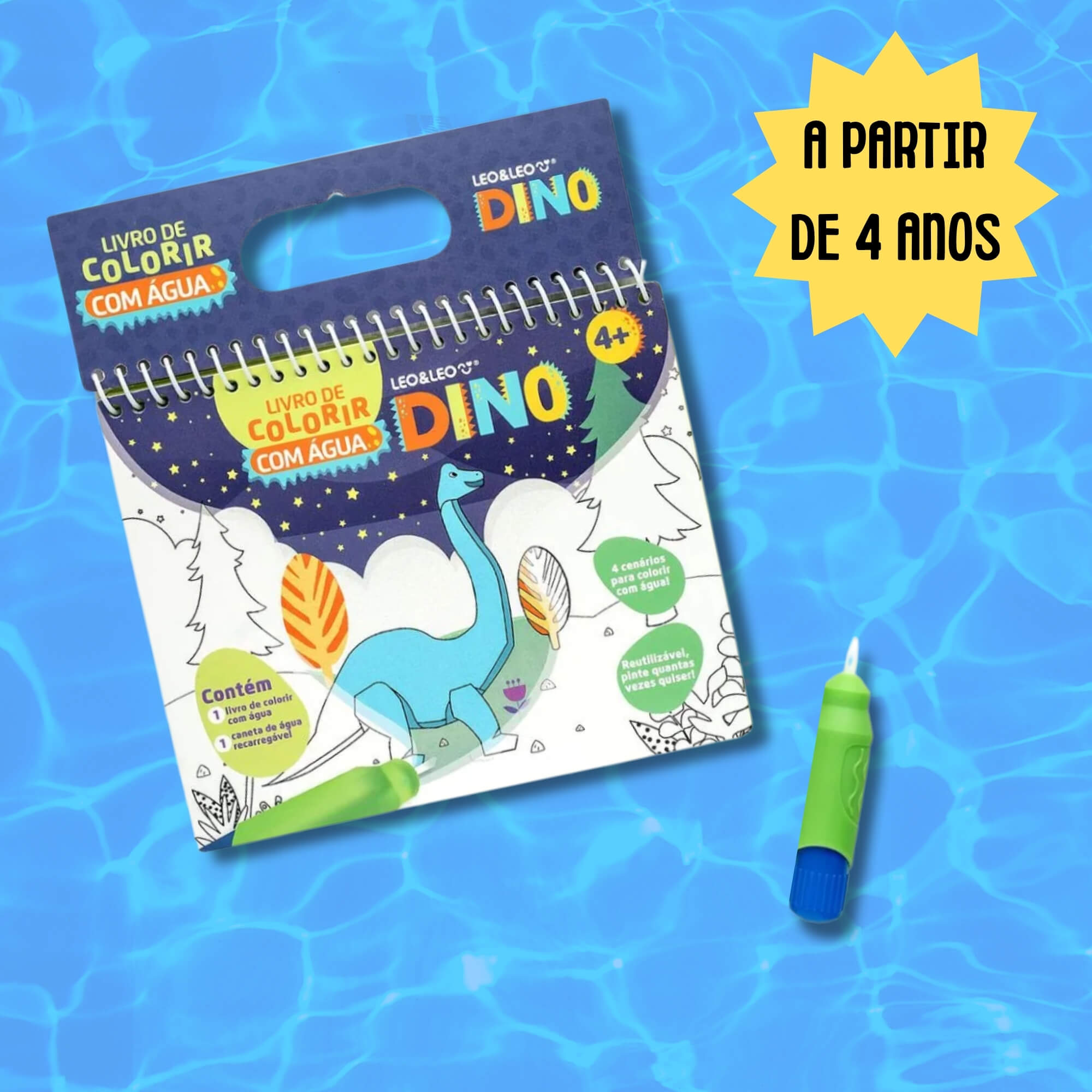 Livro de Colorir com Água Dino com 1 Unidade 4 Páginas + Pincel Leo&Leo Leonora - 91827