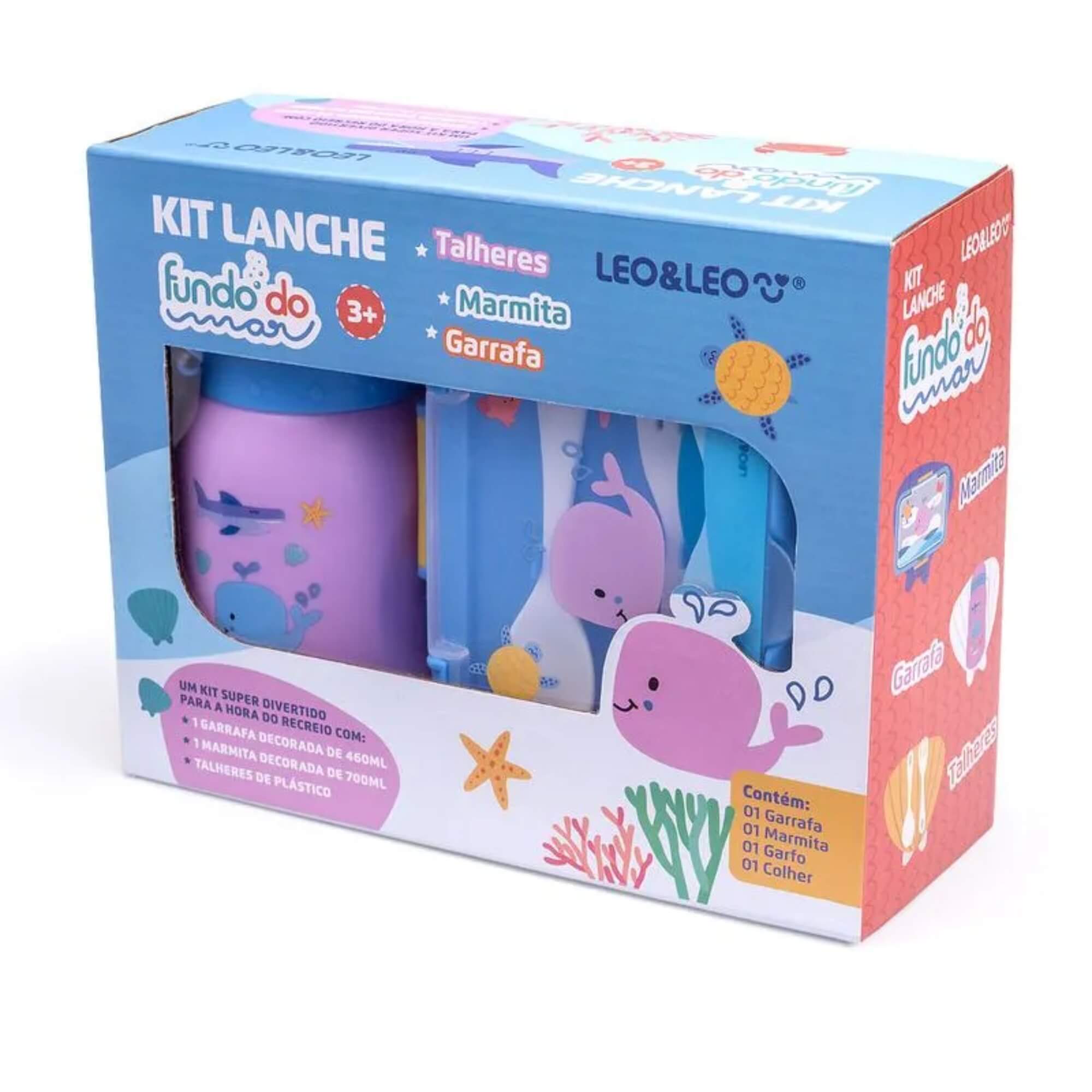 Kit Lanche Fundo do Mar com Garrafa Plástica 500Ml + Marmita 700Ml Leo&Leo Leonora - 97830