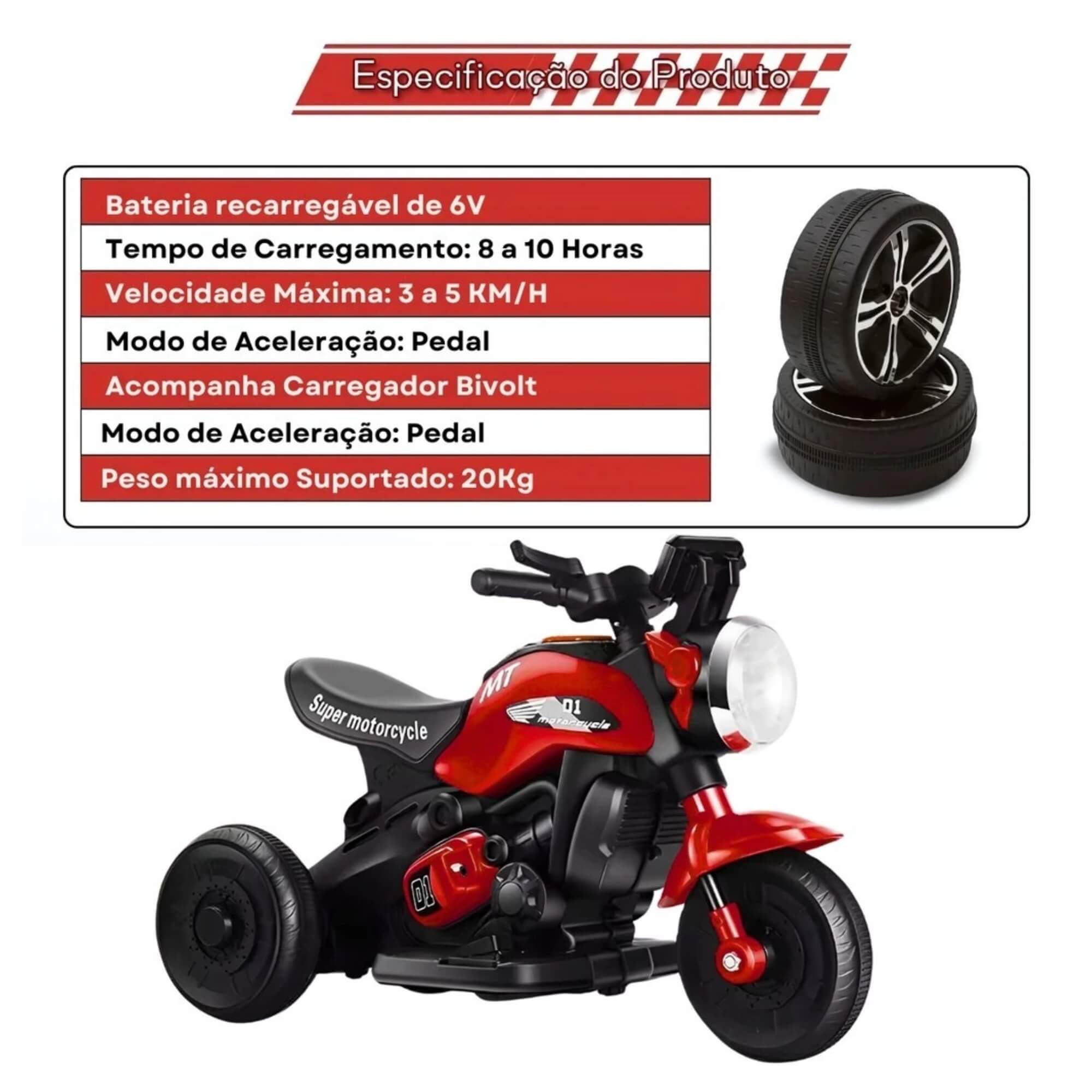 Moto Elétrica Infantil First Custom Vermelha com Luz e Som Zippy Toys - 11530