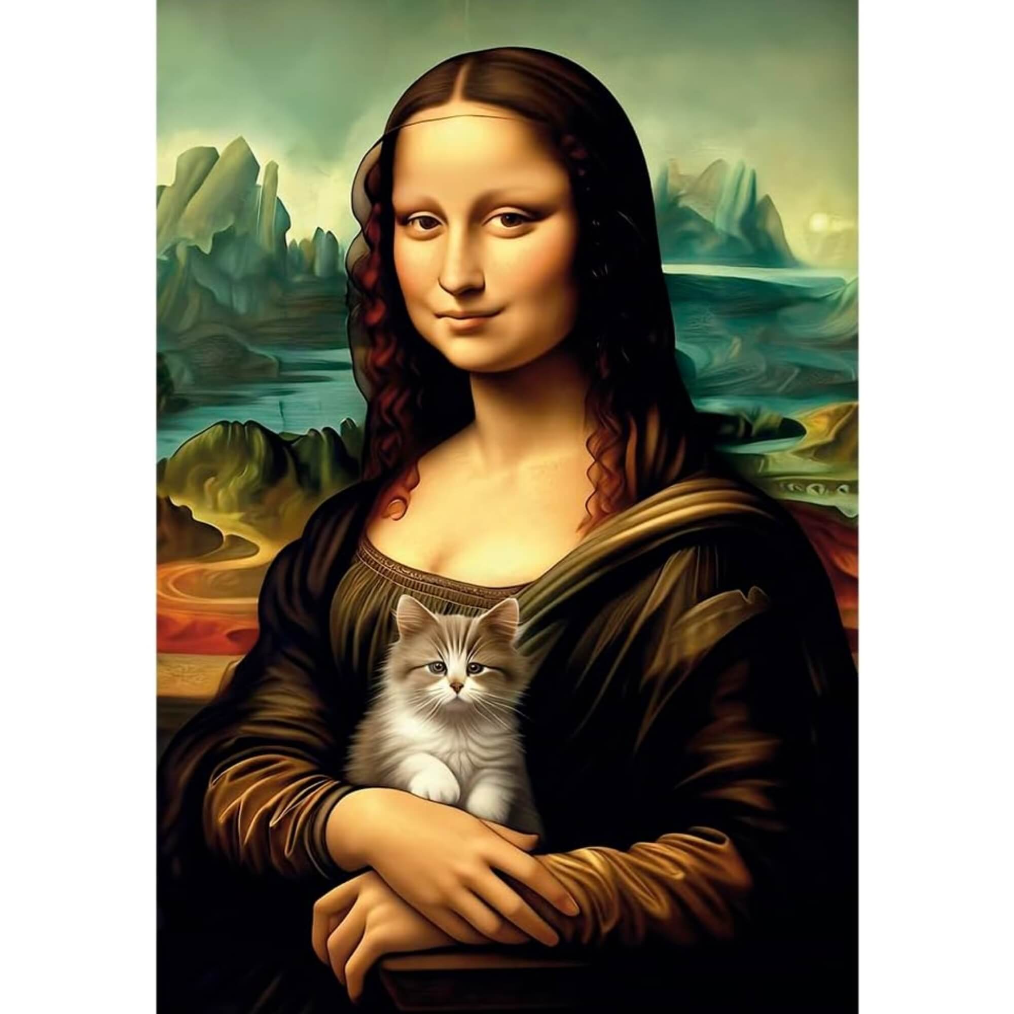 Mini Quebra-Cabeça Puzzle 1000 peças Mona Lisa com Gatinho +10 Anos Grow - 04927