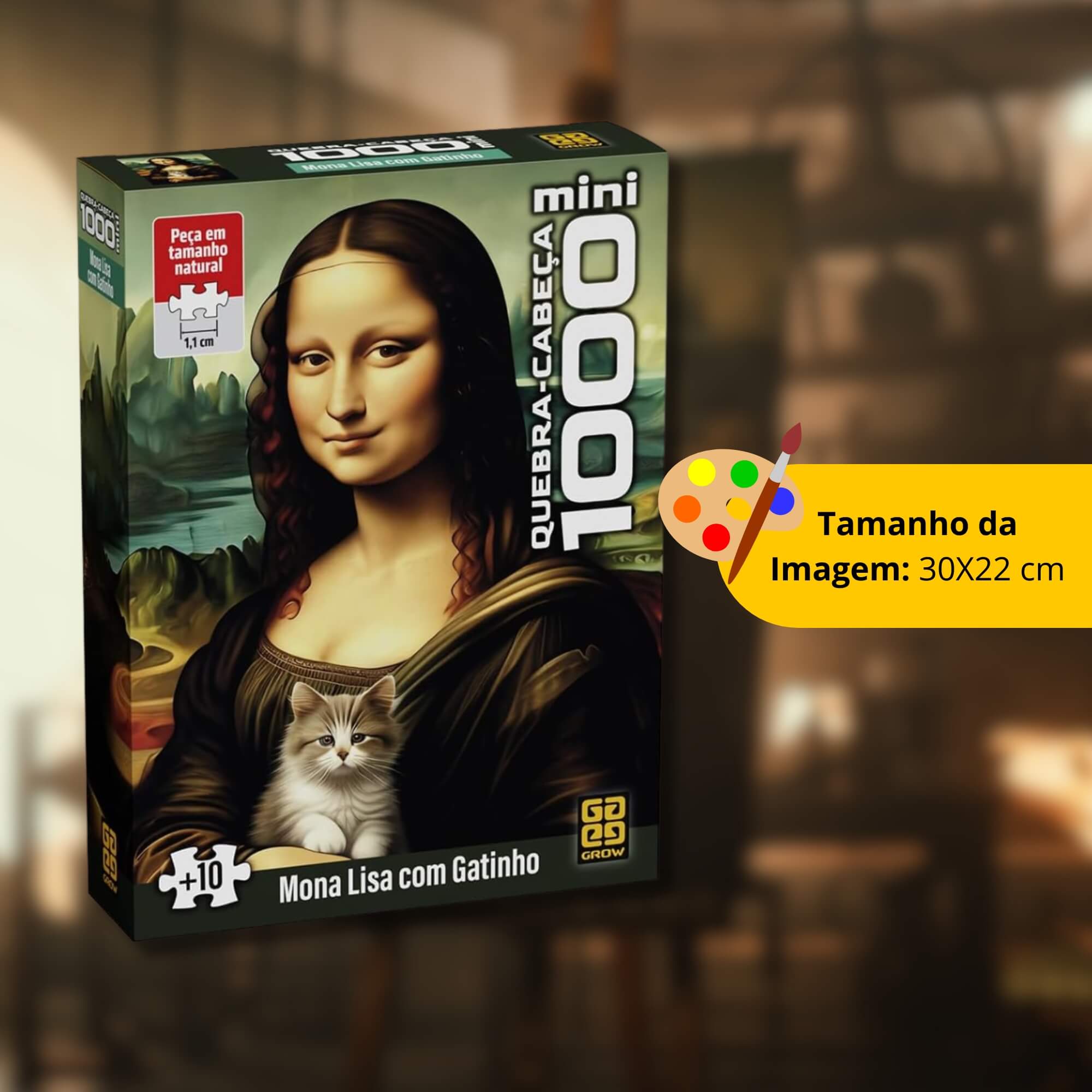 Mini Quebra-Cabeça Puzzle 1000 peças Mona Lisa com Gatinho +10 Anos Grow - 04927