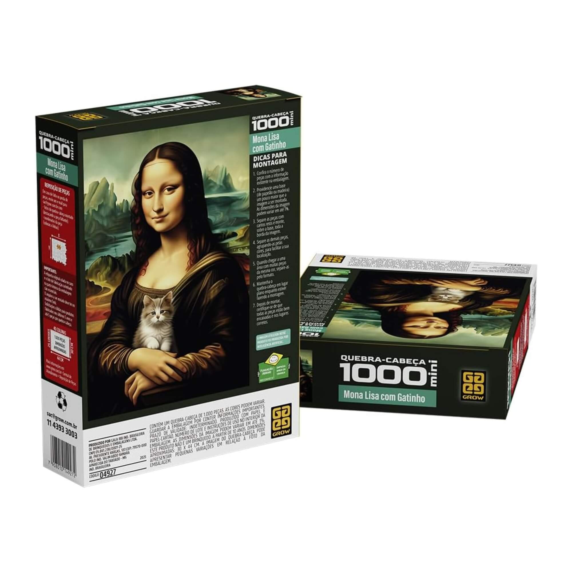 Mini Quebra-Cabeça Puzzle 1000 peças Mona Lisa com Gatinho +10 Anos Grow - 04927
