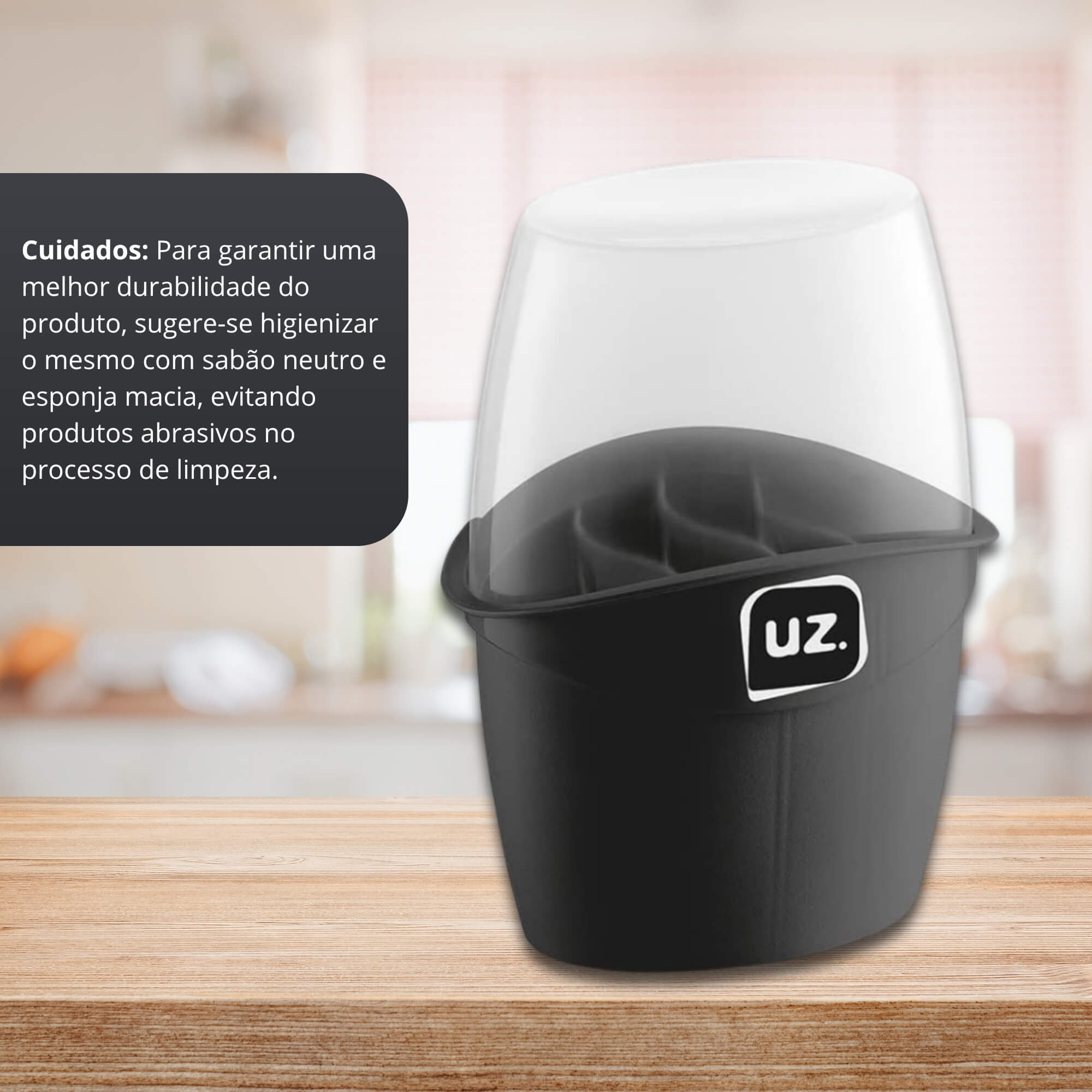 Porta Talheres Plus com Tampa Preta de Plástico UZ Utilidades - UZ330-PR