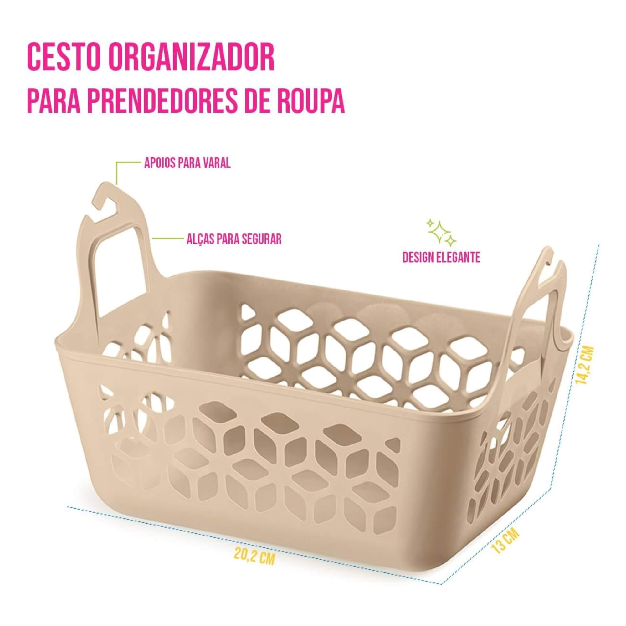 Cesto Organizador de Prendedor de Roupa Multiuso Lavanderia Cor Capuccino UZ Utilidades - UZ429-CAP